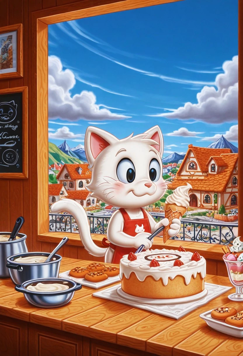 satohikanostyle, cat, white fur, cooking apron, cake, baking cake, town, indoors, cute, adorable, ice-cream, solo:1, sky, clouds, furry