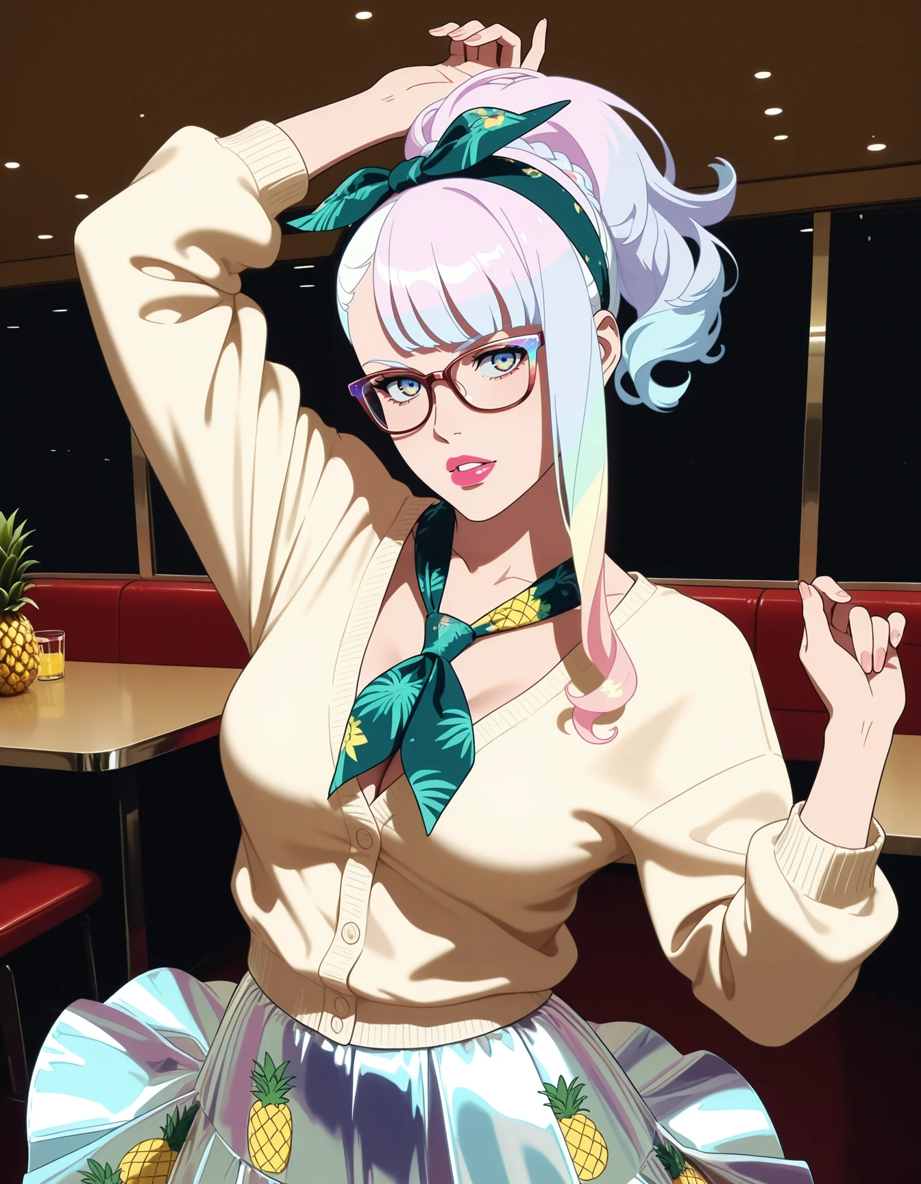 1girl, cowboy shot, iridescent glitter lips, diner, restaurant, full body, poodle skirt, checkerboard neckerchief, horn-rimmed glasses, cardigan, pineapple print, indoors, dancing , high ponytail, minibraid, upper body, hairband, hairbow, parted lips, medium breasts <lora:Rockabilly-ILXL-000005:1> looking at viewer, sideglance, <lora:Char_cp2077-Lucy-ILXL:0.85> ERLucy, 1girl, multicolored hair, asymmetrical hair, wind lift, masterpiece, best quality, very aesthetic, newest