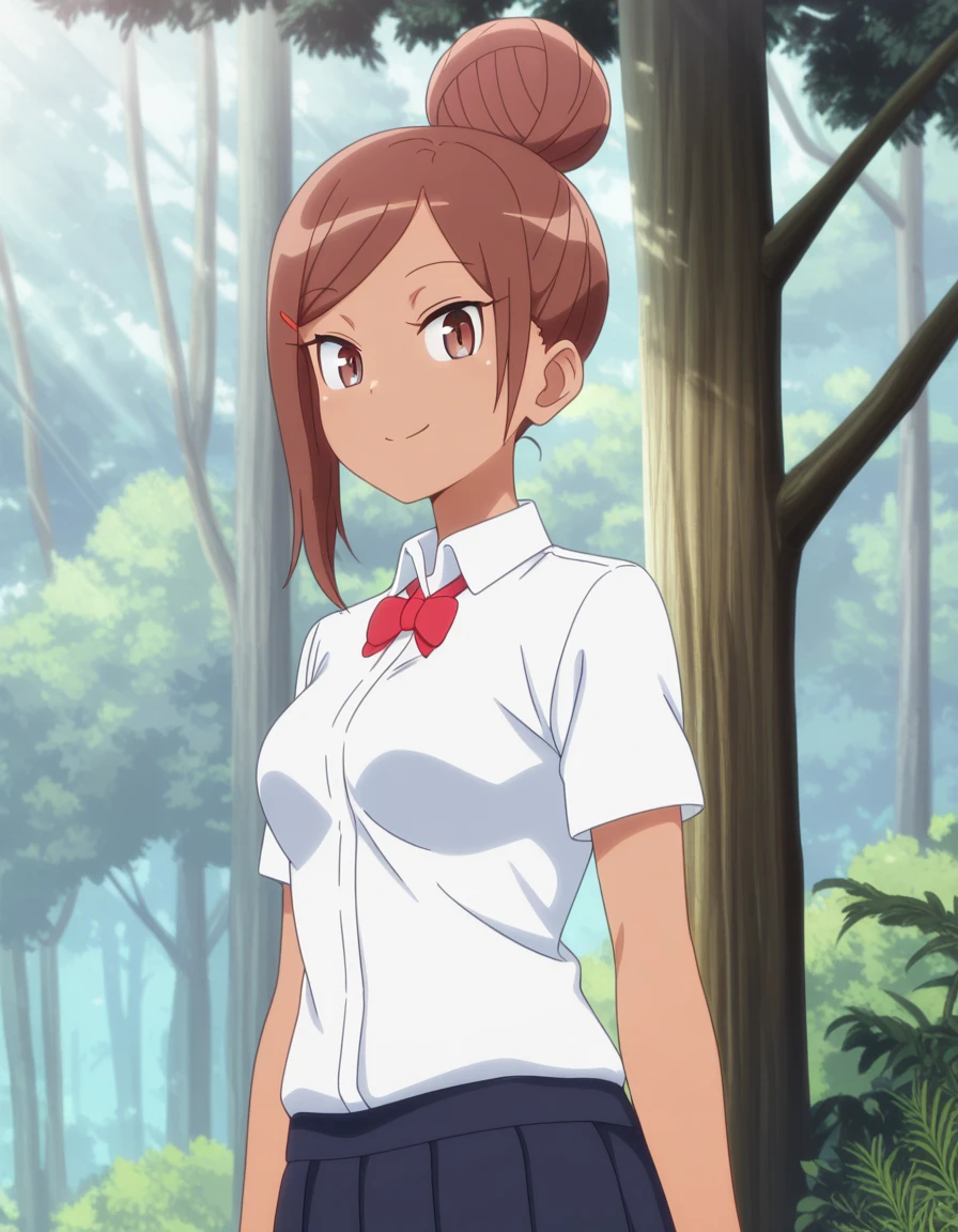 masterpiece, best quality, amazing quality,, <lora:ayaka-uehara-s1-illustriousxl-lora-nochekaiser:1>, ayaka uehara, brown hair, hair ornament, brown eyes, hairclip, dark skin, hair bun, dark-skinned female, single hair bun, mature female, , anime screencap, skirt, shirt, bow, white shirt, short sleeves, collared shirt, bowtie, red bow, red bowtie,, smile, Natural settings, trees, rivers, sunlight, wildlife, cowboy shot, solo, looking at viewer,