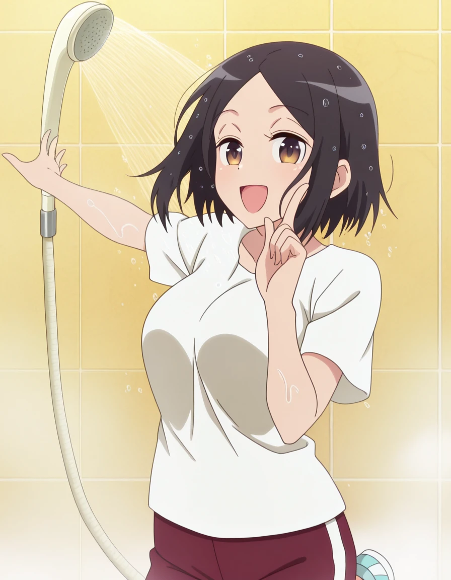 masterpiece, best quality, amazing quality,, <lora:satomi-tachibana-s1-illustriousxl-lora-nochekaiser:1>, satomi tachibana, short hair, black hair, brown eyes, mature female, breasts, anime screencap, shirt, white shirt, short sleeves, shoes, shorts, bike shorts, t-shirt, sneakers, gym uniform,, <lora:hoshino-ruby-dance-illustriousxl-lora-nochekaiser:1>, hoshino ruby dance, finger wagging, index finger raised, dancing, outstretched arm, cowboy shot, smile, open mouth,, shower, water, steam, shower_head, tiles, cowboy shot, solo, looking at viewer,
