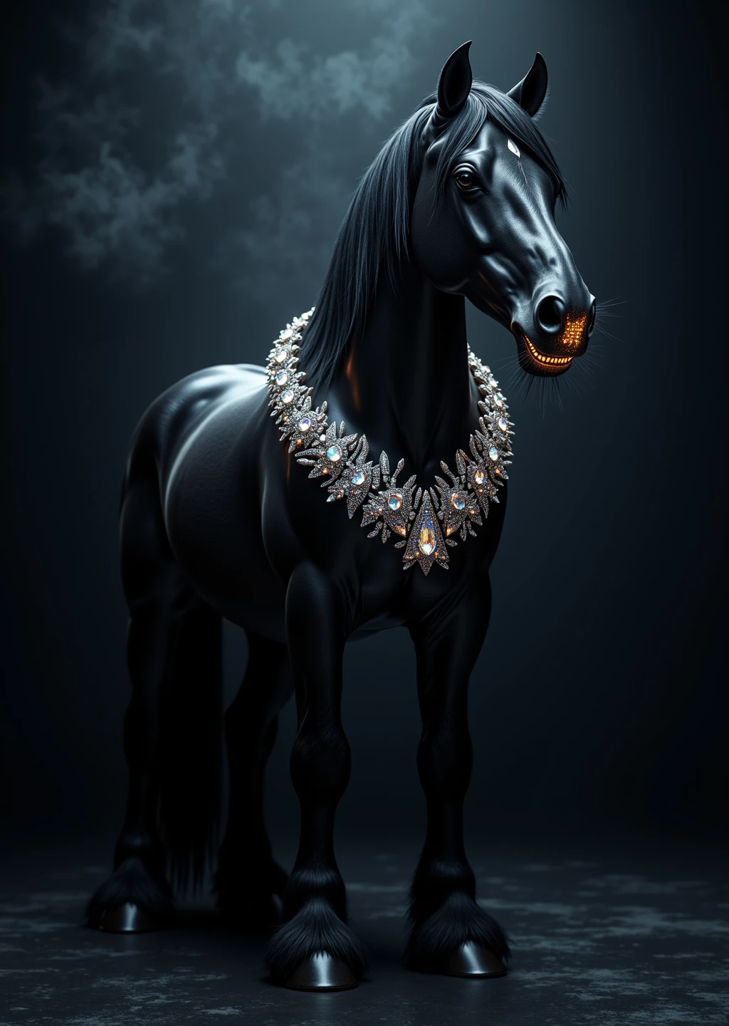 Animate a surreal cinematic scene of a majestic black stallion standing in a dark studio-like void, its massive jaw opening to reveal razor-sharp, diamond-encrusted teeth that shimmer under intense, moody lighting. A thick, luxurious diamond collar gleams around its neck, reflecting fractured rainbow light with every subtle movement. The horse slowly turns its head with controlled power, its eyes glowing faintly with intelligence and dominance. Soft camera motion glides around the stallion in a circular tracking shot, catching highlights across the crystalline surfaces. In the background, a faint haze moves like smoke or velvet fabric, enhancing the ethereal mood. The lighting is dramatic and high-fashion—spotlights glinting off the jewels, casting dynamic shadows over the horse's muscular frame. Ultra-detailed textures, a blend of surreal luxury and mythic beast energy, in slow, elegant motion