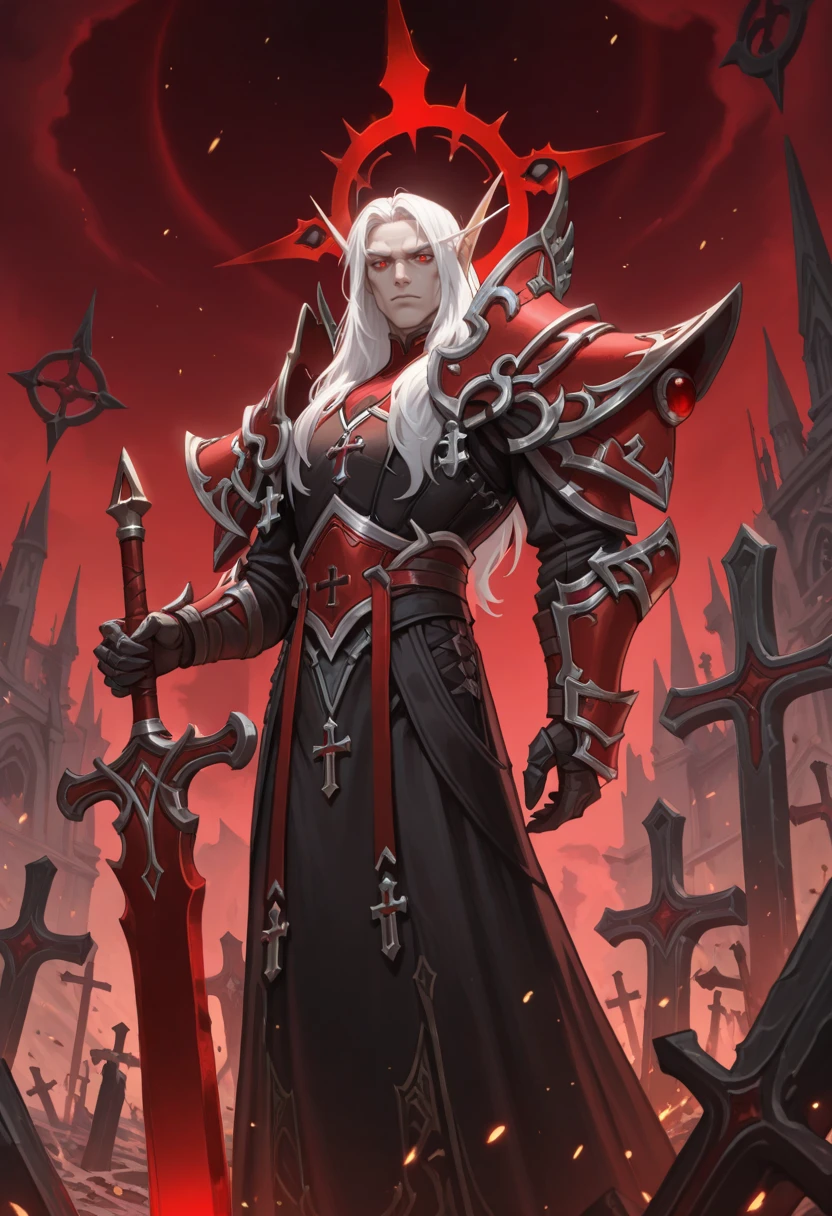 very awa, masterpiece, best quality, absurdres, newest, perfect quality, detailed background, intricate details
<lora:ILWoWKaelthas:1>
WoWKaelthas, 1boy, male focus, pointy ears, long hair, white hair, red eyes, looking at viewer, holding sword, planted sword, halo, holding weapon, embers, robe, armor, looking at viewer, cross, glowing weapon, standing, red sky