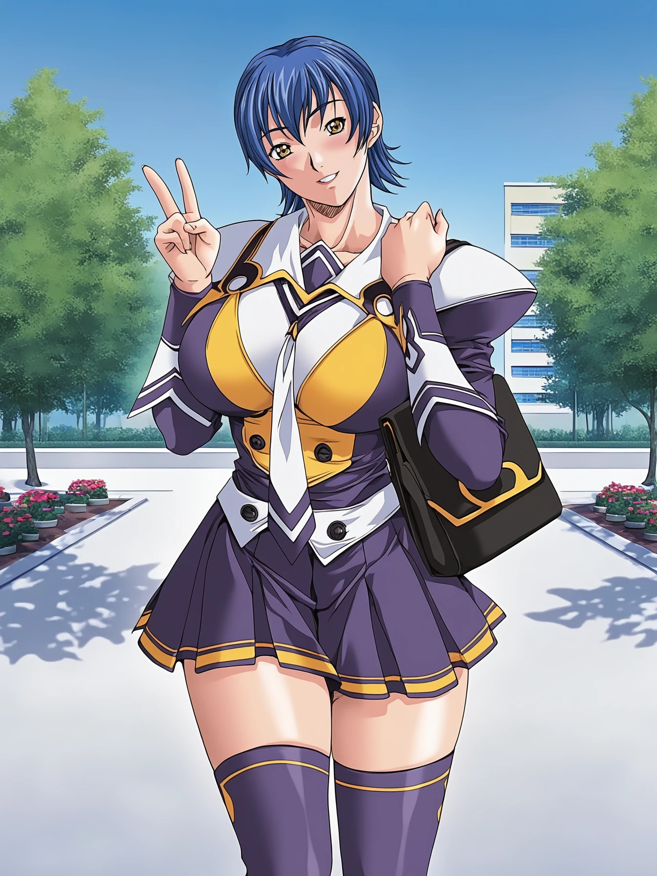 masterpiece, best quality, highres, absurdres, very awa, shiny skin, newest, game cg,
miyagishi yuuki, 1girl, feet out of frame, solo, hand on own shoulder, holding bag, V, hands up, bag over shoulder, handbag,
looking at viewer, blush, parted lips, smile, head tilt,
blue hair, short hair, yellow eyes,
purple school uniform, two-tone jacket, necktie, pleated skirt, purple thighhighs, yellow trim,
large breasts, thighs, curvy,
outdoors, blue sky, day, sidelighting, shadow, tree, garden, building,
<lora:miyagishi yuuki NoobAIXL V-pred:1>