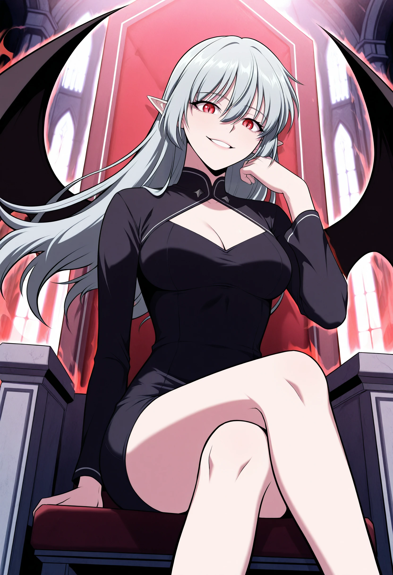 score_9, score_8_up, score_7_up, very aesthetic, source_anime, detailed, high quality, beautiful, detailed eyes, masterpiece, best quality, absurdres, perfect anatomy,alicef10,1girl,mature female,red eyes,long hair,grey hair,hair between eyes,pointy ears,floating hair,medium breast,cleavage || VampireDZ1,black dress,pencil dress,high collar,cleavage cutout,long sleeves,black bat wings,manhwa,manhwa style,detailed eyes, (incredibly detailed:1.4), slim, sitting on throne, castle room background, red aura, glowing, evil smile, looking at viewer,<lora:AliceFv15:1>,