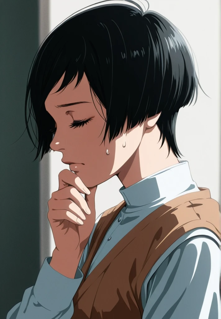 score_9, score_8_up, score_7_up,
1girl, short hair, miwa, eyelashes, anime coloring, black hair, black eyes, realistic, upper body, closed eyes, sweatdrop, upper body, long sleeves, from side, hand on own chin, vest, shirt