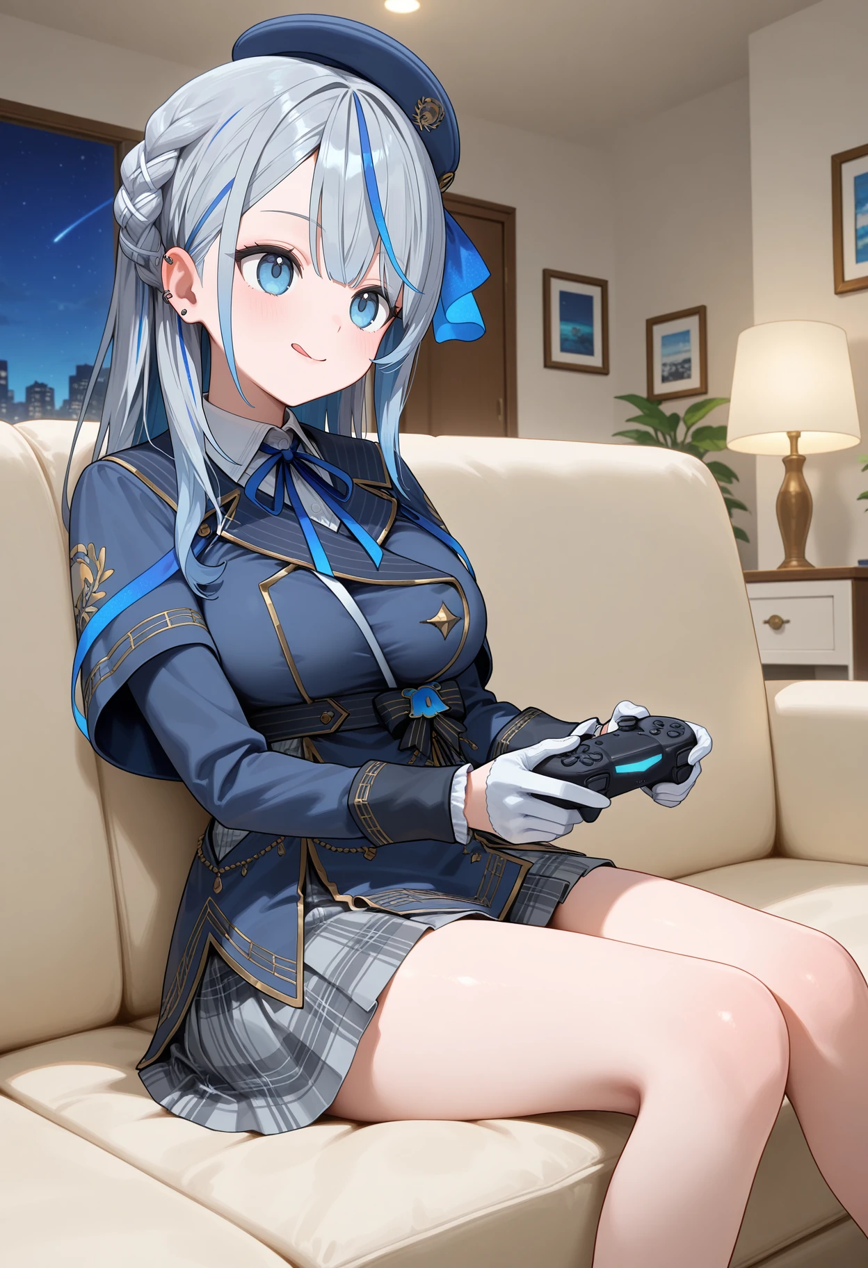 best quality, masterpiece, 1girl, aaruka, long hair, streaked hair, grey hair, braid, beret, blue headwear, ear piercing, blue eyes, blue capelet, neck ribbon, collared shirt, blue jacket, long sleeves, white gloves, plaid skirt, grey skirt, <lora:amagai_ruka_ilxl_v1:0.9>, indoors, living room, sitting, sofa, looking at another, holding game controller, :q,