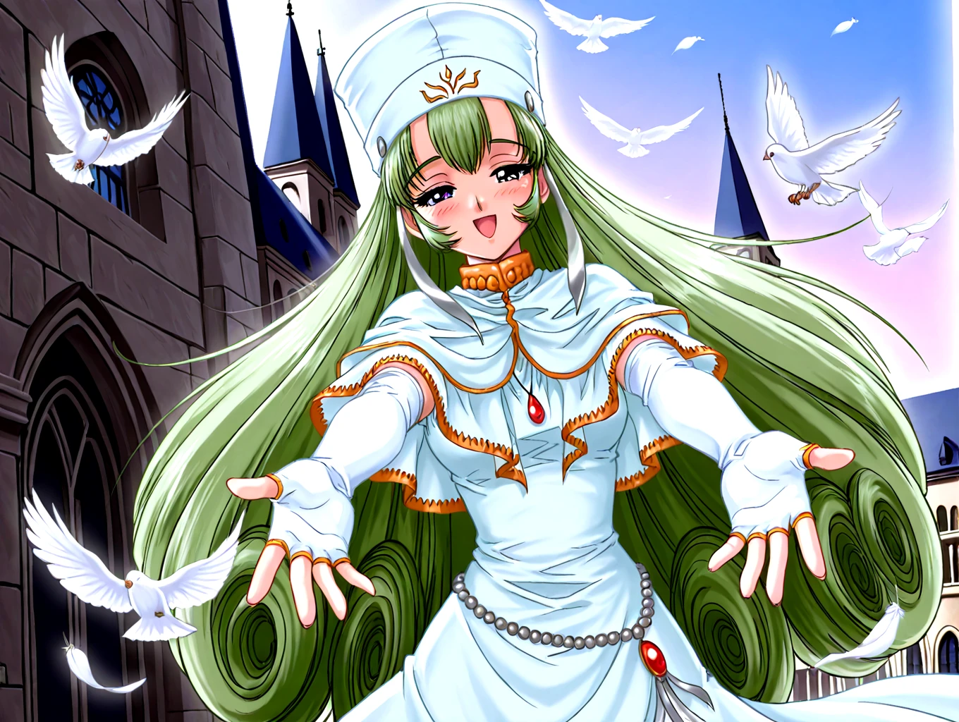 <lora:IL-D2SOPHIA:1>,d2sophia,1girl,solo,green hair,long hair,very long hair,white fingerless elbow gloves,iron plate on hat,jewelry,dress,long sleeves,purple eyes,white dress,capelet,necklace,red gem,
outdoors,flying dove,cathedral,wind lift,
open mouth,half-closed eyes,smile,happy,blush,
reaching towards viewer,
1990s \(style\),medium_shot,