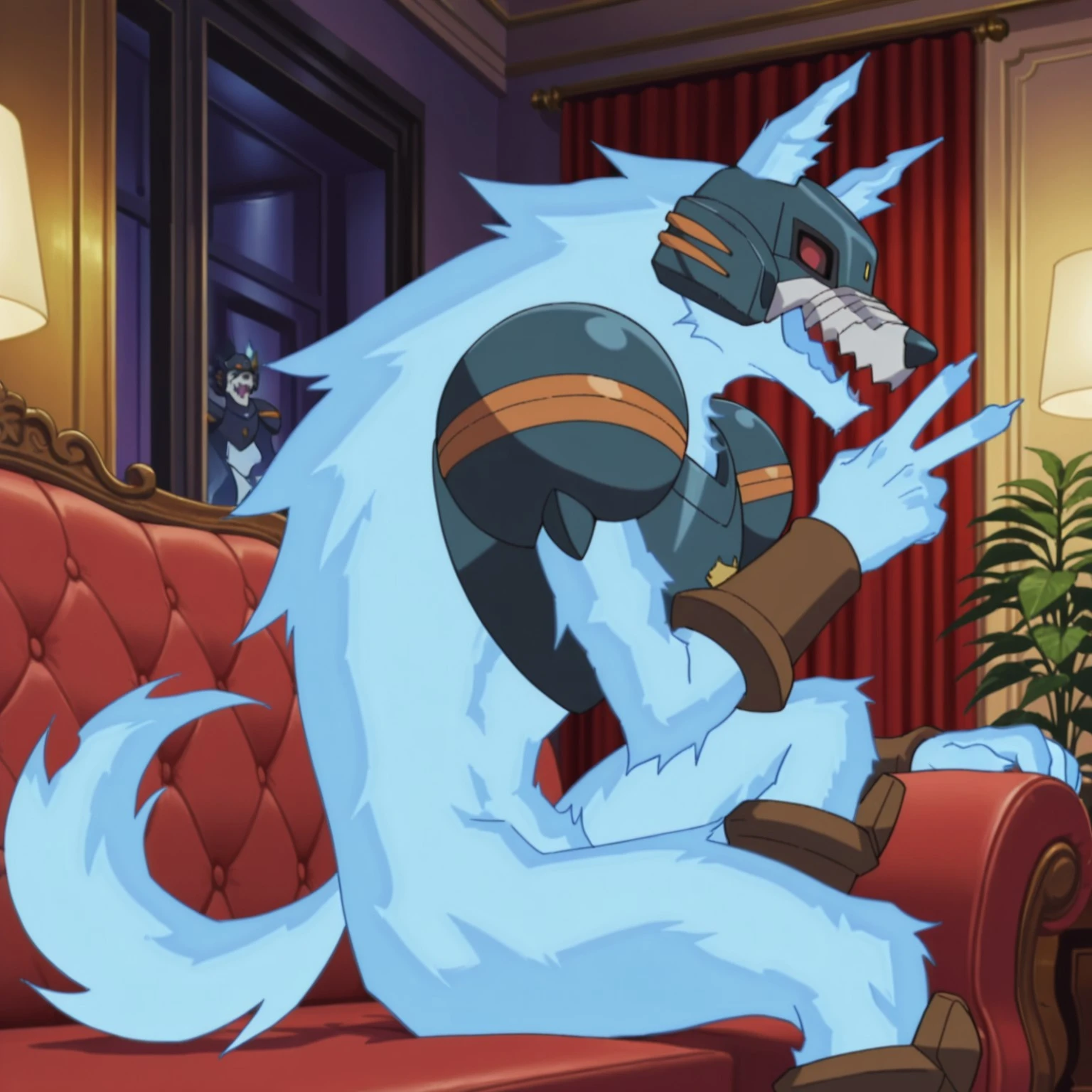 Wolfmmsf, 2d, male, 1boy, wolf, canine, red eyes, armor, shoulder pads, blue fire, blue body, brown wrist armor, tail, helmet, anthro
BREAK sitting on sofa, looking at viewer, from side, peace sign, musical notes, indoors, living room, open mouth, happy
BREAK best quality, amazing quality, very aesthetic, absurdres, newest, masterpiece