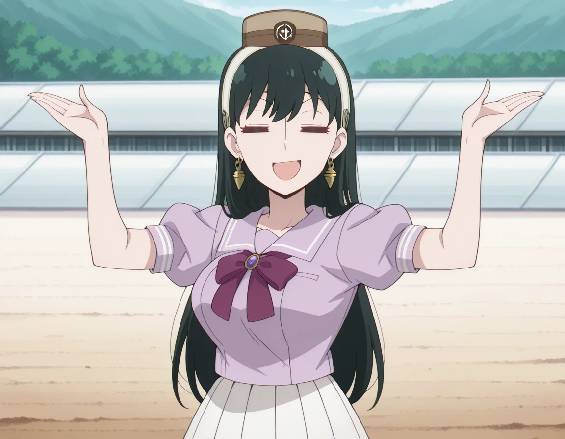 masterpiece, best quality, amazing quality,, <lora:yor-briar-s1-illustriousxl-lora-nochekaiser:1>, yor briar, black hair, earrings, white hairband, hairband, long hair, sidelocks, mature female, breasts, anime screencap,, <lora:gold-ship-radar-alert-illustriousxl-lora-nochekaiser:1>, gold ship radar alert, = =, solo, smile, open mouth, smug, looking at viewer, straight-on, shirt, skirt, hat, bow, closed eyes, short sleeves, outdoors, pleated skirt, puffy sleeves, bowtie, sailor collar, puffy short sleeves, white skirt, parody, purple bow, purple shirt, brown headwear, sailor shirt, purple bowtie, pillbox hat, hands up, , , ,