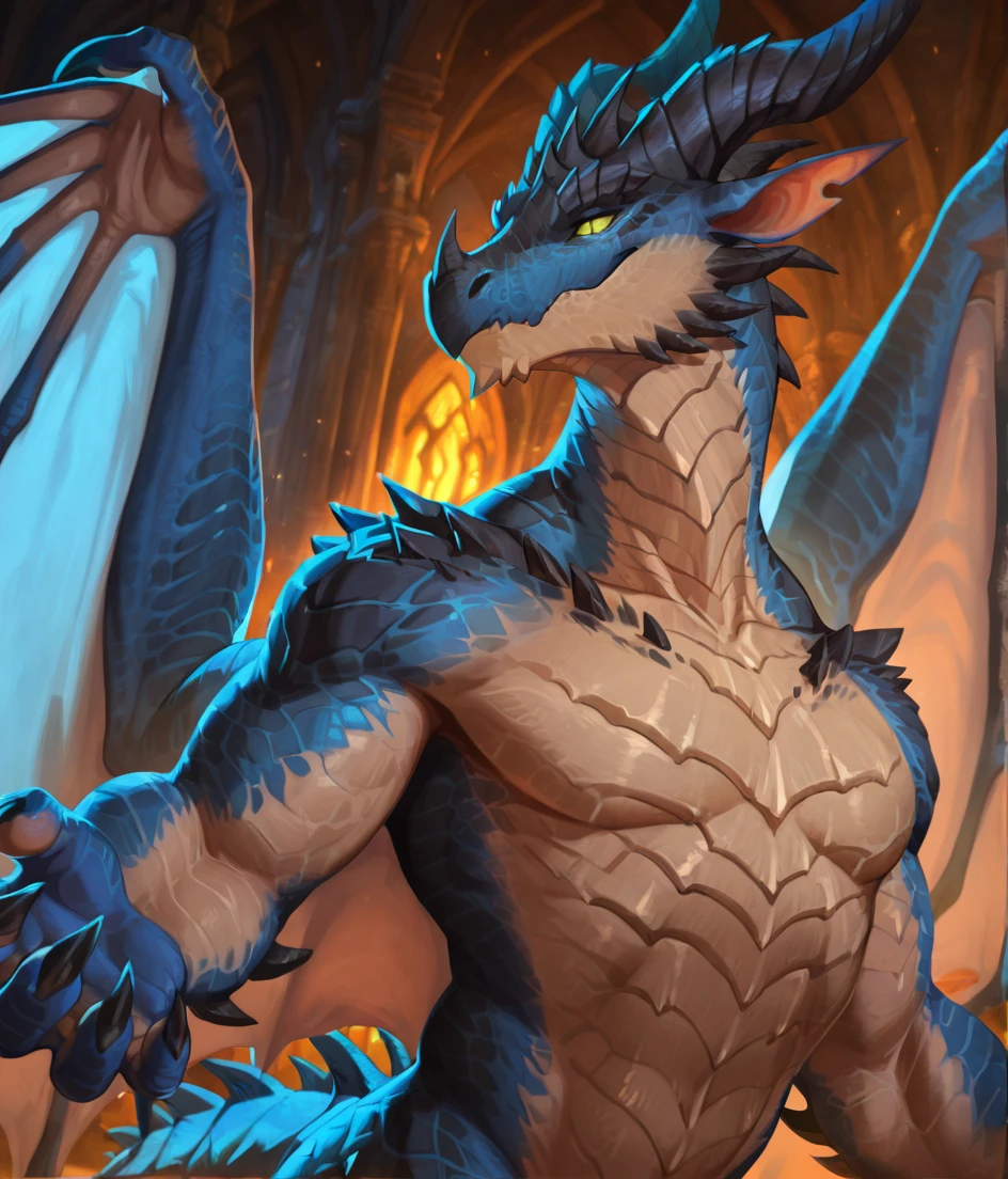 two tone lighting, side illumination, bara, bubba, male focus, solo, blue eyes, abs, claws, sharp teeth, jewelry, detailed hands, plump, dragon tail, wings, (pose, posing:1.3), lights, realistic, photorealistic, 4k <lora:bubba-07:0.75> <lora:Furtastic_Detailer:1>