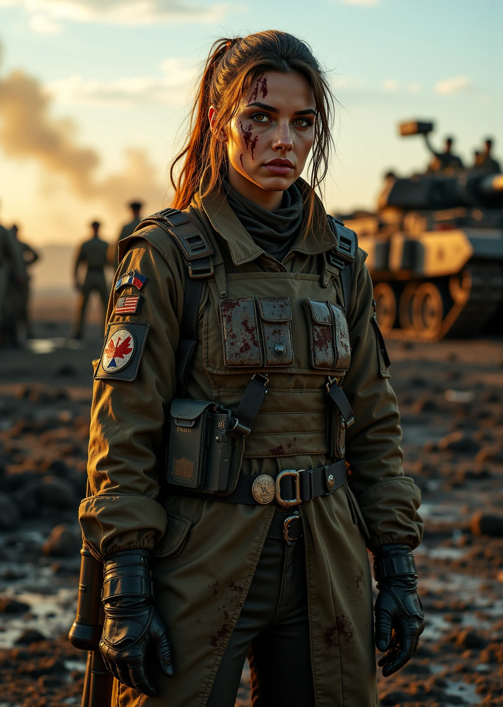 A battle-hardened female soldier stands alone on a scorched battlefield at dawn, her face smeared with ash and dried blood. Her expression is calm but unflinching — the look of someone who has seen too much and kept moving.
She wears tactical gear mixed with makeshift armor — a kevlar vest over a torn trench coat, patches stitched from different flags, a sidearm holstered, and a large rifle slung across her shoulder. Her long hair is tied back, strands falling loose in the wind.
Around her: ruined tanks, smoldering wreckage, and the silhouettes of distant soldiers regrouping. Smoke curls into the sky. The ground is muddy, littered with empty casings and dog tags.
The lighting is cinematic — low sunrise casting gold highlights across her armor, with cold blue shadows on the wreckage. Subtle dust and haze in the air create atmospheric depth.
Shot mid-frame, slightly low angle, like a movie poster — emphasizing her strength and resilience.
Mood: defiant, somber, raw. Realistic textures and storytelling. A tribute to grit and survival.