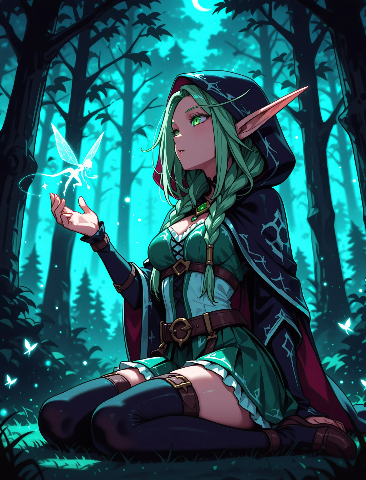 An elf sitting in a magical forest talking to a floating fairy. She's wearing a hood and a skirt. It's night
