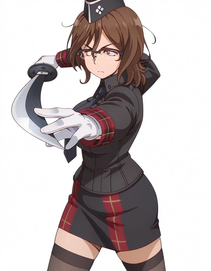 masterpiece, best quality, amazing quality,, <lora:owari-hajime-s2-illustriousxl-lora-nochekaiser:1>, owari hajime, brown hair, brown eyes, glasses, over-rim eyewear, mature female, breasts, anime screencap, <lora:healer-u-armor-illustriousxl-lora-nochekaiser:1>, healer u armor, garrison cap, gloves, hat, healer u (armor), military, military uniform, necktie, nurse, skirt, thighhighs, white gloves, zettai ryouiki, plaid,, <lora:gatotsu-stance-illustriousxl-lora-nochekaiser:1>, gatotsu stance, weapon, sword, katana, holding weapon, holding, holding sword, foreshortening,, , <lora:transparent-background-illustriousxl-lora-nochekaiser:1>, transparent background, simple background, white background