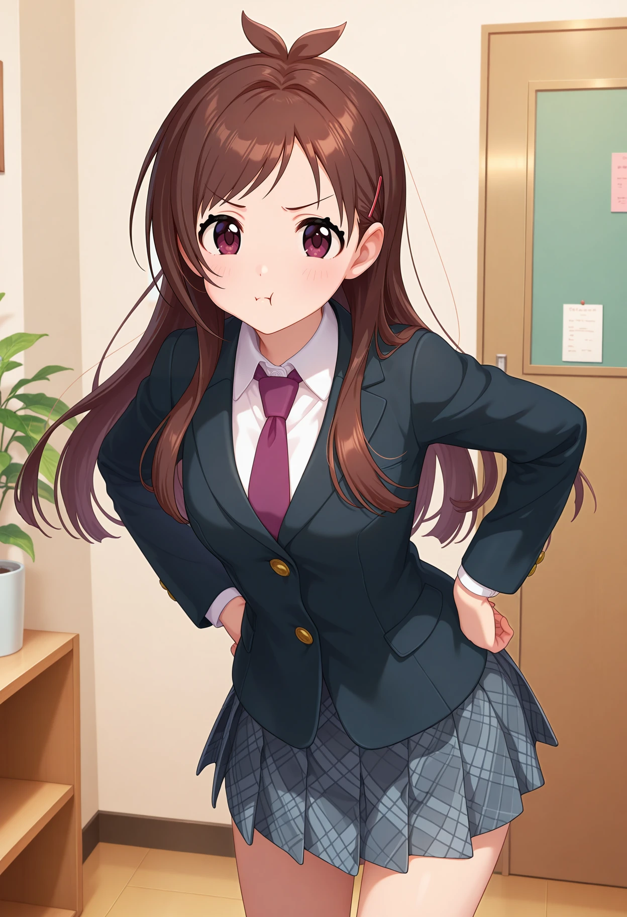 best quality, masterpiece, 1girl, aaakari, long hair, brown hair, antenna hair, hair ornament, purple necktie, collared shirt, white shirt, blazer, black jacket, long sleeves, plaid skirt, grey skirt, <lora:tsujino_akari_ilxl_v1:0.9>, standing, cowboy shot, indoors, room, pout, hands on own hips,