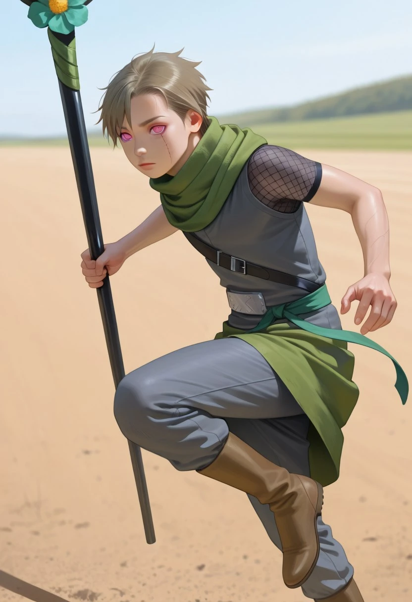 masterpiece, high quality, best quality, amazing quality, very aesthetic, absurdres, ultra-detailed, extremely detailed, realistic, volumetric lighting, (male focus, male only), day, depth of field, solo,
1boy, Yagura, Pink Eyes, Brown Hair, Scar under eye, Scarf, Grey Sleeveless vest, short sleeve fishnet shirt, green sash belt, Green half skirt, grey pants, brown boots, Holding staff, black staff, holding weapon, hooked staff, flower, action pose, dynamic pose, masterpiece, best quality, amazing quality, very aesthetic, absurdres, newest, very awa, , cute boy, lean, athletic, runner build, photo-realistic detail, atmosphere focused, expressive lighting