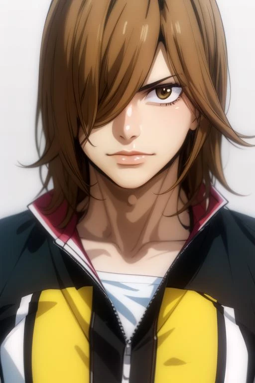 (best quality:1.1), (masterpiece:1.4), sketch, looking at viewer, upper body, depth of field, anime coloring, (realistic:1.4), 1boy, solo, male focus, <lora:hajime_aoyagi:0.78>, hajime_aoyagi, light brown hair, brown eyes, hair over one eye, biker costume, , 2k resolution