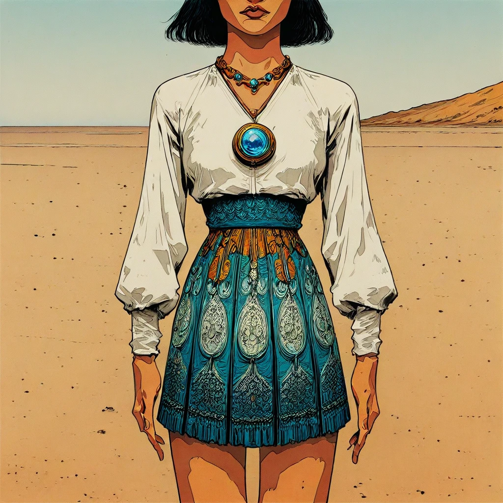 cel-shaded flat coloring, patterned garment with a blue gemstone pendant, emphasizing the futuristic and high-tech ambiance, detailed backgrounds, dressed in a white blouse and high-waisted skirt with a beach background., and an orange planet looms in the distance. Sci-fi fantasy style with intricate detail