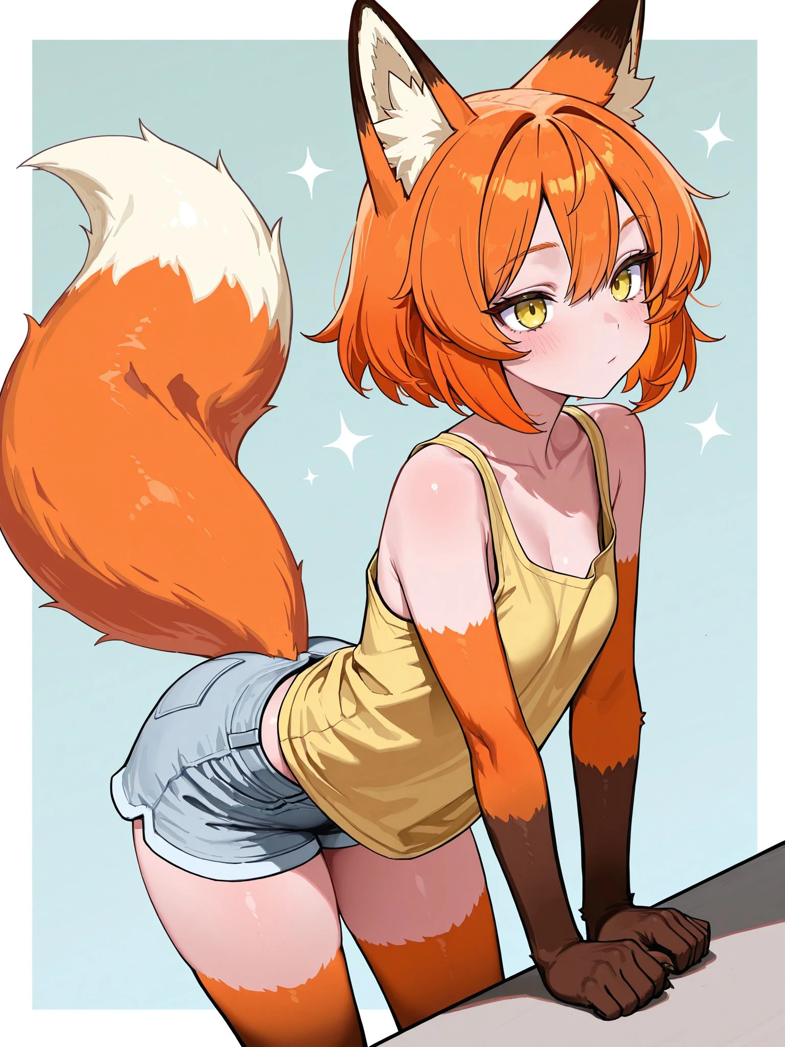 best quality, masterpiece, sharp resolution, high definition, ultra detailed, 8k, 1girl, solo, unc_roxsi, orange hair, orange fur, animal ears, fox tail, (furry forearms, furry calves:0.5), light yellow tank top, jean shorts, <lora:Roxsi_OC:0.8>