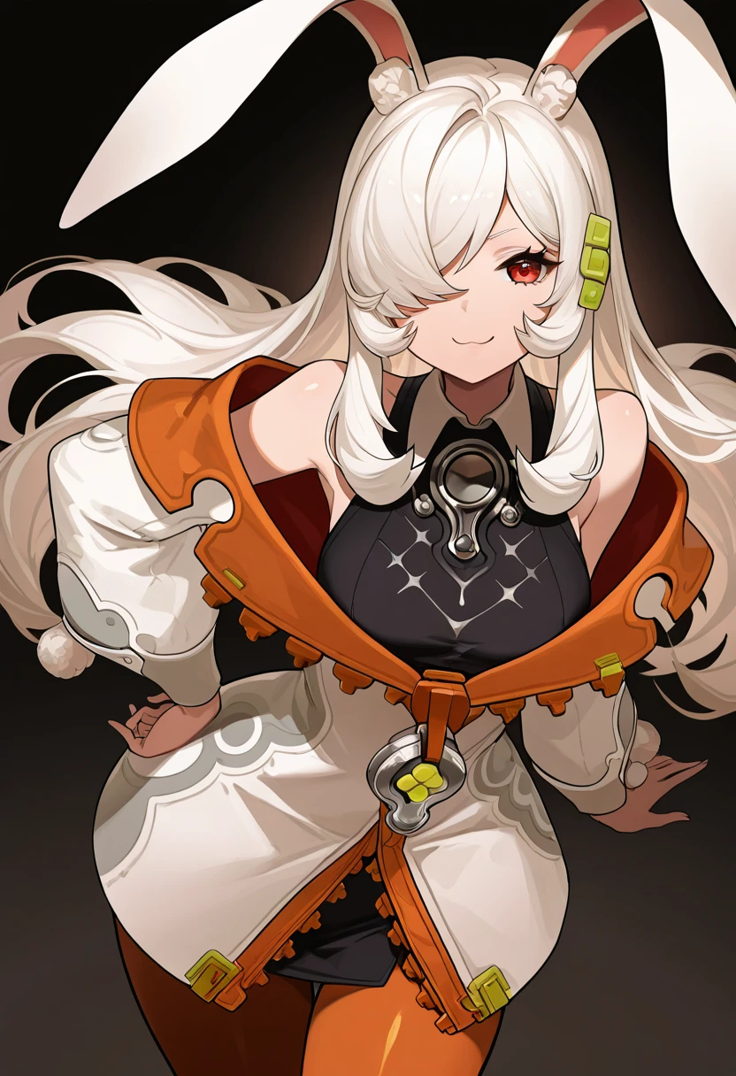 masterpiece, best quality, solo, curvy, beautiful eyes, narrow waist, wide hips, 1girl, solo, smile, looking at viewer, foreshortening, close up,     zzKira, red eyes, hair over one eye, white hair, long hair, rabbit ears,  bare shoulders, collared shirt, off shoulder, black shirt, sleeveless shirt, white jacket, pantyhose,  ,<lora:KiraFateTrigger_IXL:1.0>, cowboy shot, hand on hip, smug, smile, looking at viewer, shiny skin,