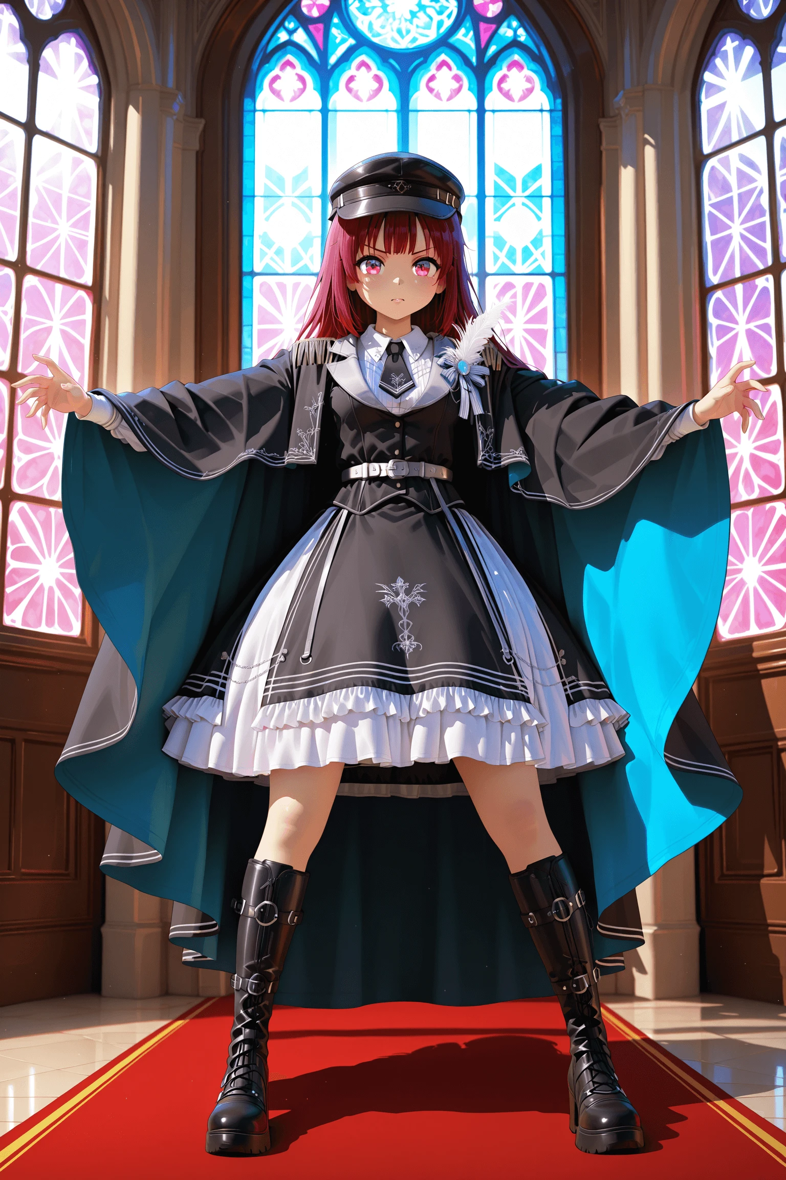 1girl, standing on cathedral floor, stained glass windows, glowing light through window, cape fluttering, arms extended, dramatic lighting, intense gaze, determined expression, gothic atmosphere, solo, full body,<lora:darkknightV1Dim32alpha8_illustrious:1>,darkknight_dress,white skirt,black dress, frilled dress,long sleeves,white shirt,silver buckle ,black cloak,,black ascot ,,epaulettes ,feather ornament, chain, silver embroidery,striped ribbon, white collar,leather military hat, masterpiece, best quality, amazing quality, newest,detailed face, beautiful eye