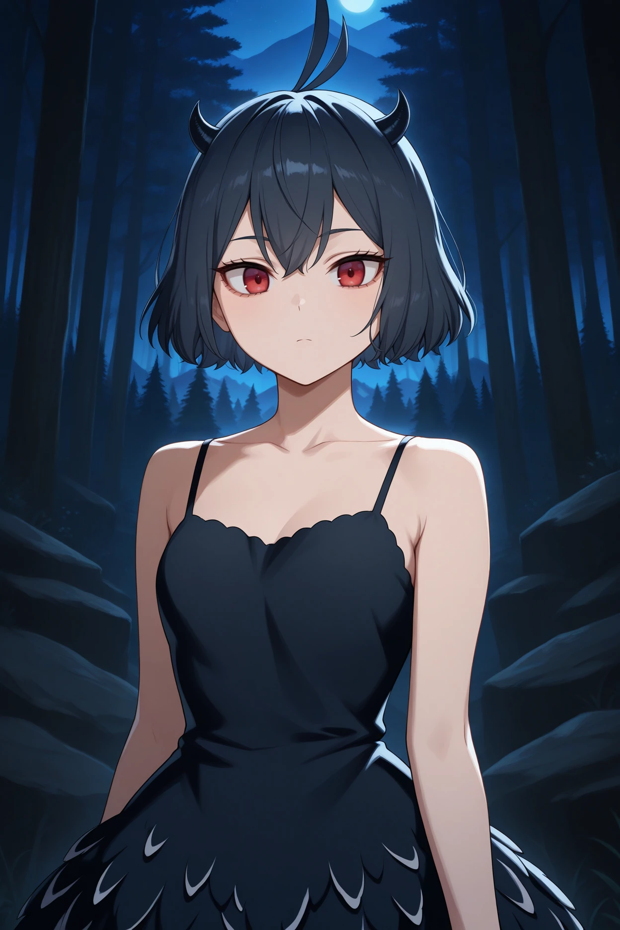 ultra realistic 8k cg, masterpiece, ((ultra detailed background, delicate pattern, intricate detail)), (highly detailed, fine details), best quality, 1girl, (photorealistic:1.4),beautiful lighting,  absurdres, RAW photo, film grain, ((medium breasts, slim girl)), Baccarat, Nero, 1girl, short hair, solo, horns, black hair, red eyes, dress, black dress, collarbone, closed mouth, bare shoulders, (demon horns), hair between eyes, cleavage, (complex detailed background, outside, nature environment, trees, sunny, blue sky, sky, cowboy shot, small breasts, slim girl),  ((black bull cloak)), black cloak, kuro no bogyu cloak, cloak, holding wand, using magic, fantasy, black bull logo, black clover cloak, black clover robe, kuro no bogyu robe, black bull squad robe, black bull uniform, blush, shy, short black hoodie, short black magician hoodie, magician short cape,