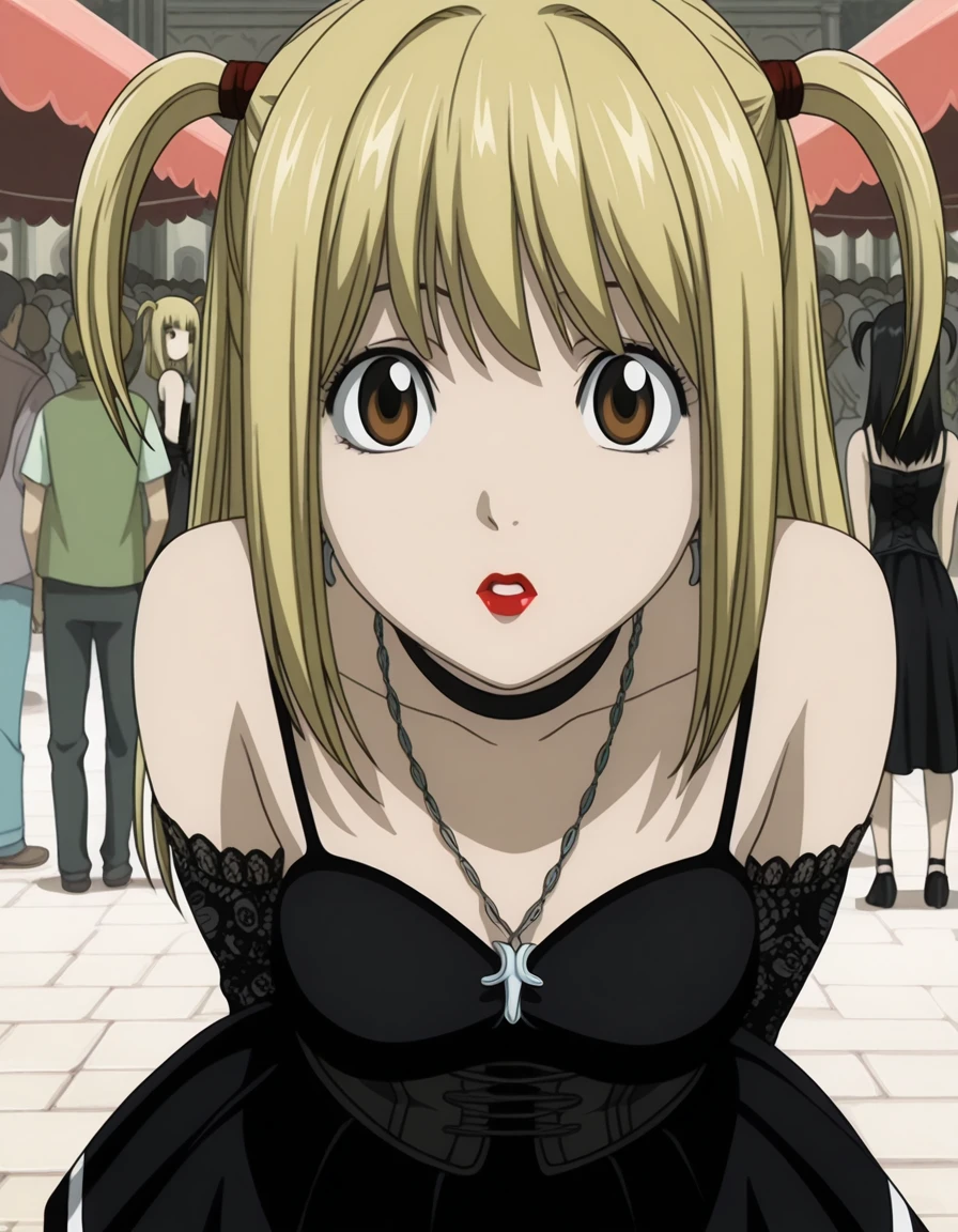 masterpiece, best quality, amazing quality,, <lora:misa-amane-anime-illustriousxl-lora-nochekaiser:1>, misa amane, long hair, blonde hair, brown eyes, two side up, mature female, medium breasts, anime screencap, skirt, dress, jewelry, detached sleeves, choker, necklace, black dress, cross, goth fashion, lace, lace-trimmed sleeves, spaghetti straps, corset, pleated skirt, black skirt, makeup, lipstick, hands behind back, bent over,, market, stalls, people, food, trade, cowboy shot, solo, looking at viewer, <lora:transparent-background-illustriousxl-lora-nochekaiser:1>, transparent background, simple background, white background