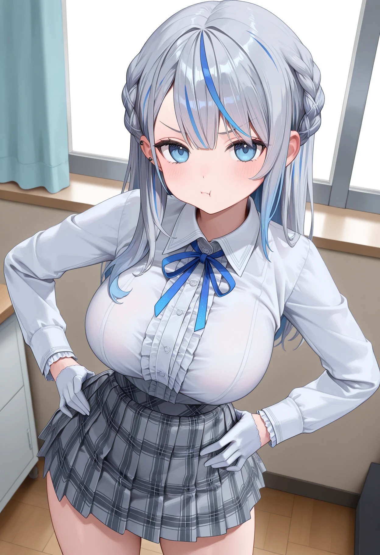 best quality, masterpiece, 1girl, aaruka, long hair, streaked hair, grey hair, braid, ear piercing, blue eyes, school uniform, neck ribbon, center frills, collared shirt, white shirt, long sleeves, white gloves, plaid skirt, grey skirt, <lora:amagai_ruka_ilxl_v1:0.9>, standing, cowboy shot, indoors, room, pout, hands on own hips,