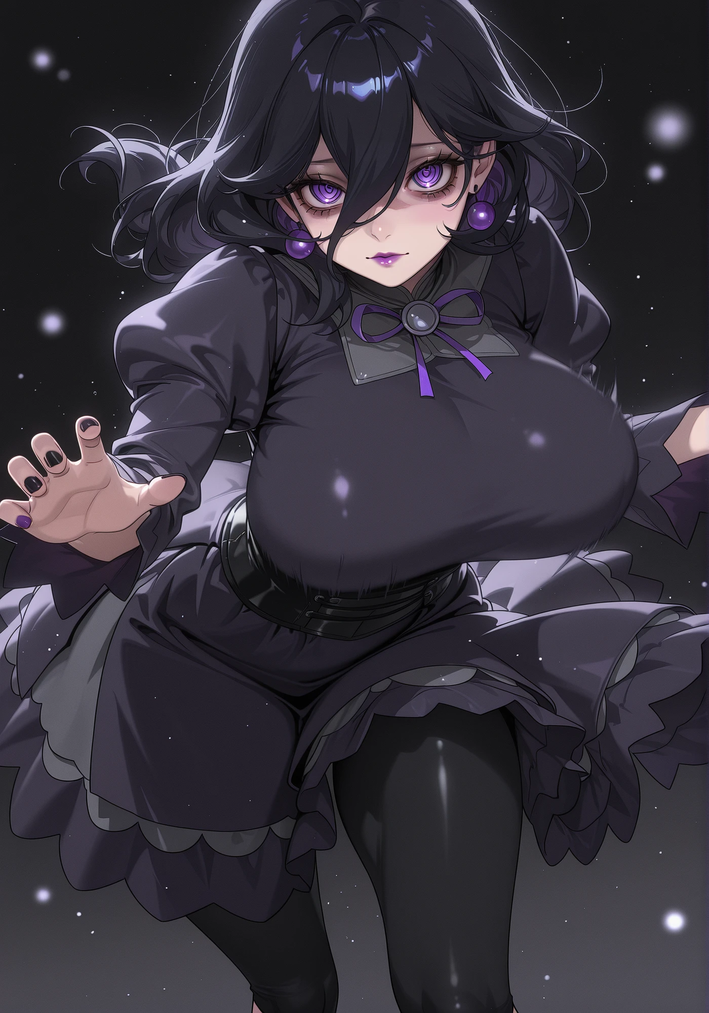 absurdres, anime coloring, anime screenshot, anime in real life, highres, hi res, best quality, masterpiece, 2d, intricate details, 4k,
1girl, solo, female, nose, long hair, black hair, hair between eyes, medium hair, makeup, lipstick, mature female, purple lips, ringed eyes, @_@, purple eyes, hex maniac (pokemon legends: z-a), nintendo, pokemon, pokemon legends: z-a,
purple nails, eyeshadow, black nails, nail polish,
, , , alternate size,
long sleeves, dress, ribbon, purple ribbon, jewelry, earrings, puffy sleeves, black dress, neck ribbon, juliet sleeves, corset, black corset, grey dress, purple dress, black dress, frilled dress, frills,
thighs, pantyhose, black pantyhose, leggings, stirrup legwear, black leggings,
leaning forward,
depth of field, motion blur, original, black background, black theme, particles, light particles, wind, bokeh,