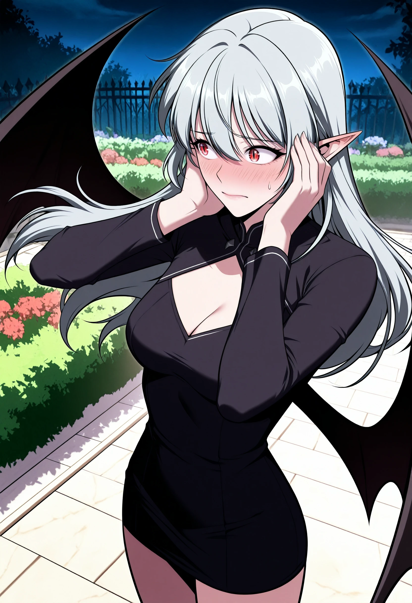 score_9,score_8_up,score_7_up,source anime,alicef10,1girl,mature female,red eyes,long hair,grey hair,hair between eyes,pointy ears,floating hair,medium breast,cleavage || VampireDZ1,black dress,pencil dress,high collar,cleavage cutout,long sleeves,black bat wings,manhwa,manhwa style,wings,cowboy shot,blushing,embarrassed,shy,looking away,hands near face,flustered,cute expression,garden background,night,<lora:AliceFv15:1>,