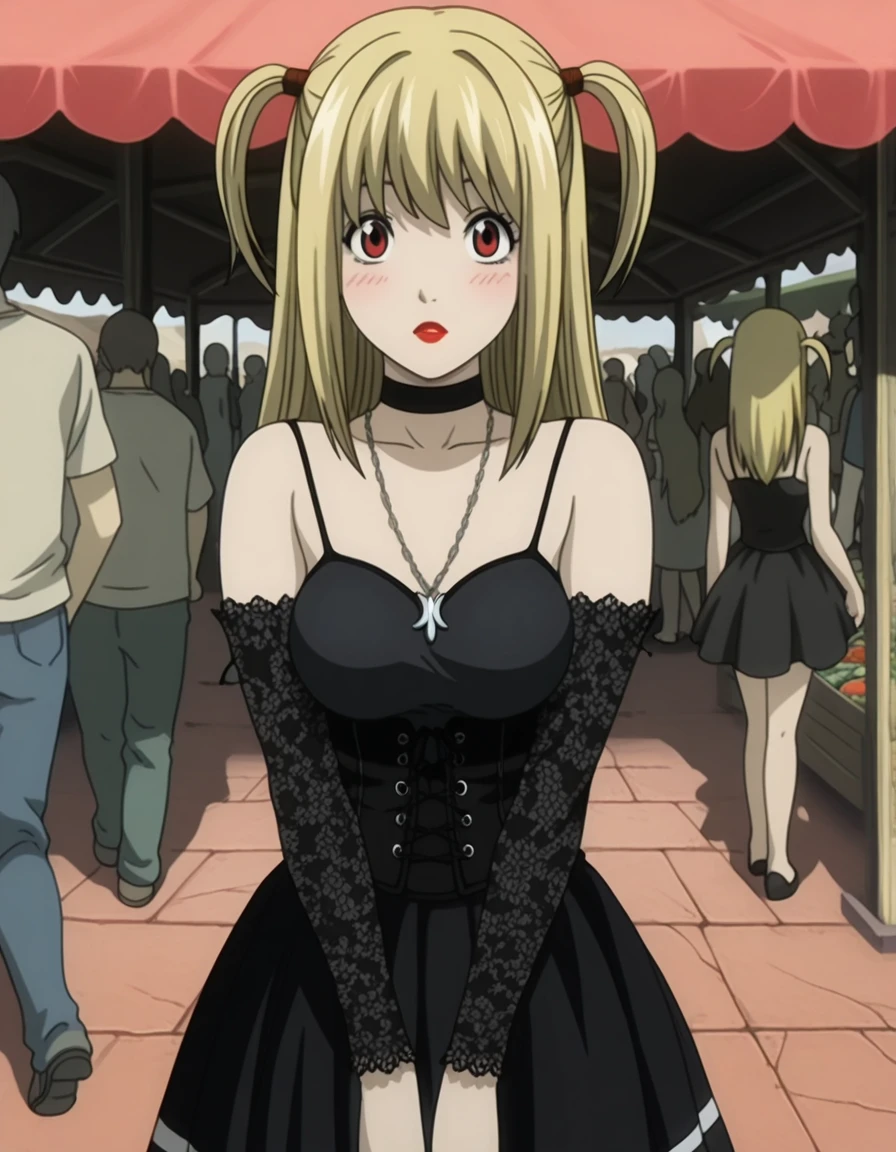masterpiece, best quality, amazing quality,, <lora:misa-amane-anime-illustriousxl-lora-nochekaiser:1>, misa amane, long hair, blonde hair, red eyes, two side up, mature female, medium breasts, anime screencap, skirt, dress, jewelry, detached sleeves, choker, necklace, black dress, cross, goth fashion, lace, lace-trimmed sleeves, spaghetti straps, corset, pleated skirt, black skirt, makeup, lipstick, hands on stomach, blush,, market, stalls, people, food, trade, cowboy shot, solo, looking at viewer,