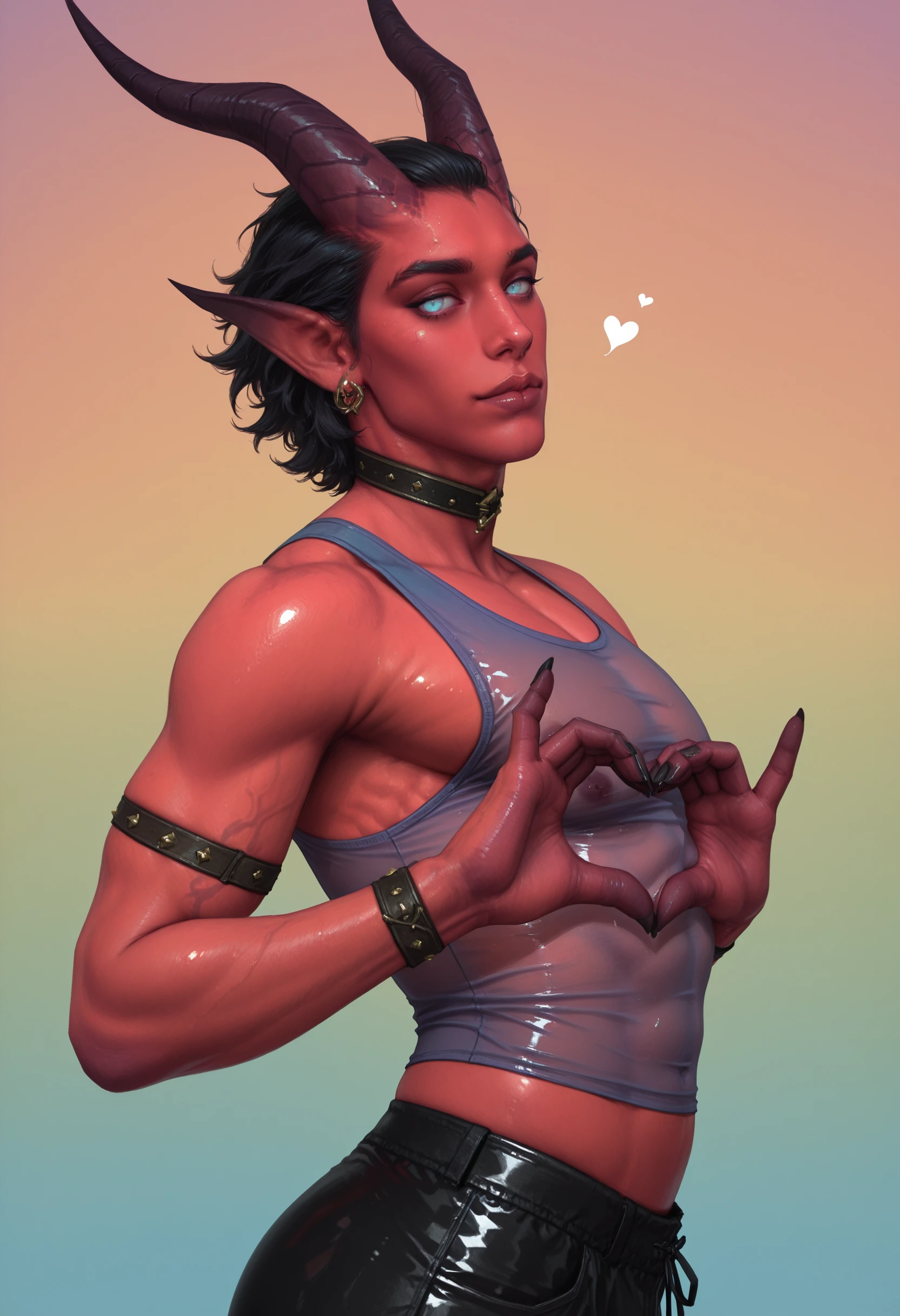 very awa, masterpiece, best quality, absurdres, newest, perfect quality, detailed background, intricate details
<lora:ILWoW1ncubu5:1>
WoW1ncubu5, 1boy, male focus, red skin, demon horns, demon boy, pointy ears, no pupils, black hair, short hair, blue eyes, (rainbow tank top:1.2),head tilt,seductive look,looking at viewer,(rainbow background:1.3),(gradient background:1.1),(from side:1.2),simple background,(shiny clothing:1.1),(seethrough clothing:1.3),heart hands,black shorts,upper body,(overstretched clothing:1.2)