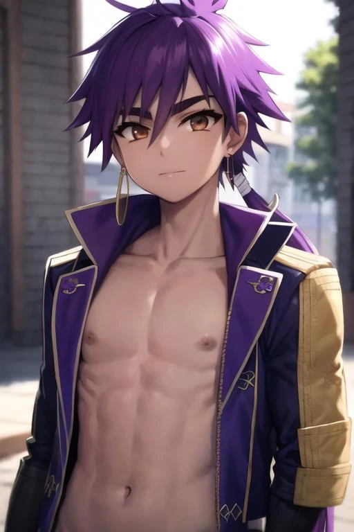 masterpiece, best quality, high quality, 1boy, solo, male focus, looking at viewer, upper body, <lora:sinbad_magi:0.74>, sinbad_magi, purple hair, jewelry, long hair, brown eyes, ponytail, jacket
