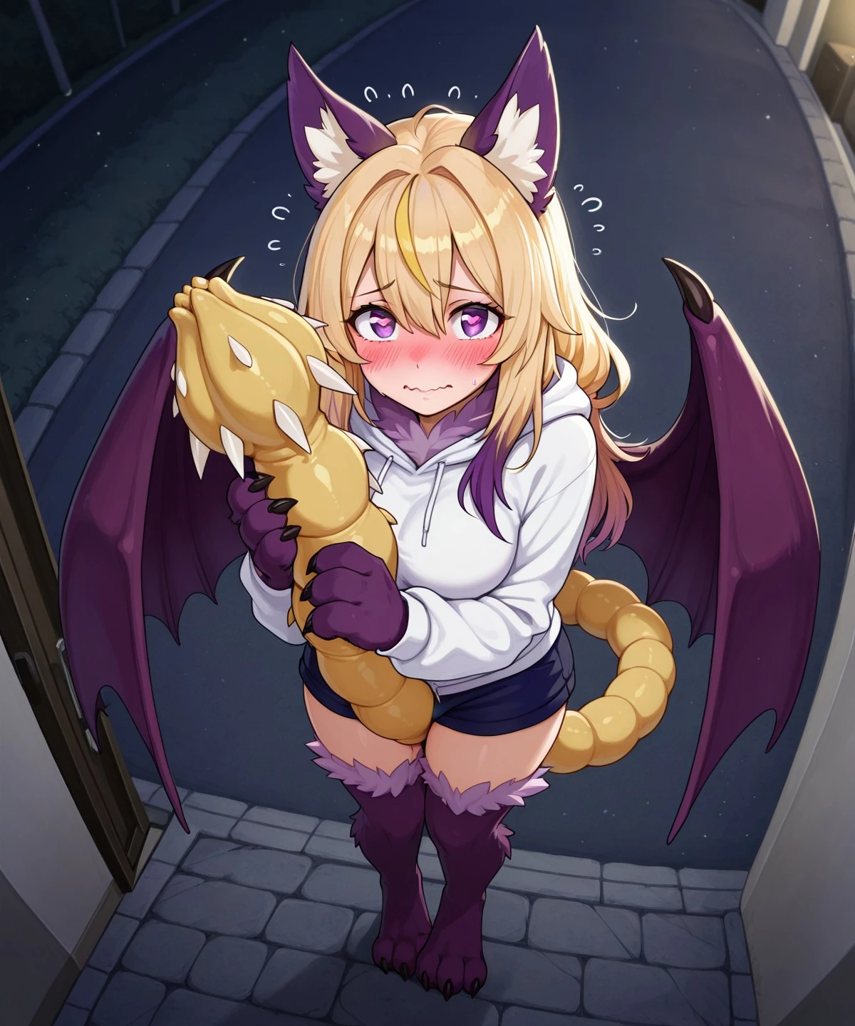 masterpiece, best quality, amazing quality, 1girl, perfect face, manticore, segmented tail, tail pussy, leathery wings, leg-fur_thighhigh, forearm-fur_extended, animal feet, animal hands, animal-ears, multicolored hair, purple highlights, blonde hair, long hair, yellow tail, leathery wings, purple wings, purple fur, blonde mane, purple eyes, tail closed, nervous, shy, blush, heart-shaped pupils, tail between legs, holding tail, standing, dark blue shorts, white hoodie, late evening, driveway, looking at viewer, from front, from above, blush, wavy mouth, up-facing tail, breasts, front doorway, white spikes, thick wall <lora:MC_V2_0_IL_R1:0.7>