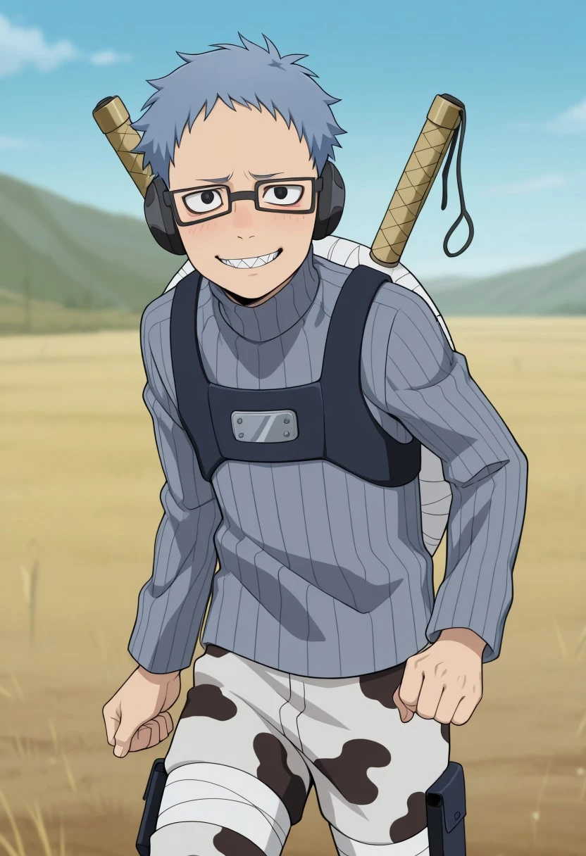 masterpiece, high quality, best quality, amazing quality, very aesthetic, absurdres, ultra-detailed, extremely detailed, anime screencap, official style, anime coloring, (male focus, male only), day, depth of field, JackDraws, 1boy, solo, male focus, cute boy, Chojuro, Blue Hair, Black Eyes, Glasses, Ear Protectors, Sharp Teeth, Turtleneck Sweater, Chest Piece, Cow Print Pants, weapon on back, Weapon Wrapped in Bandages, shy smile, masterpiece, best quality, amazing quality, very aesthetic, absurdres, newest, very awa, cute boy, lean, athletic, runner build,