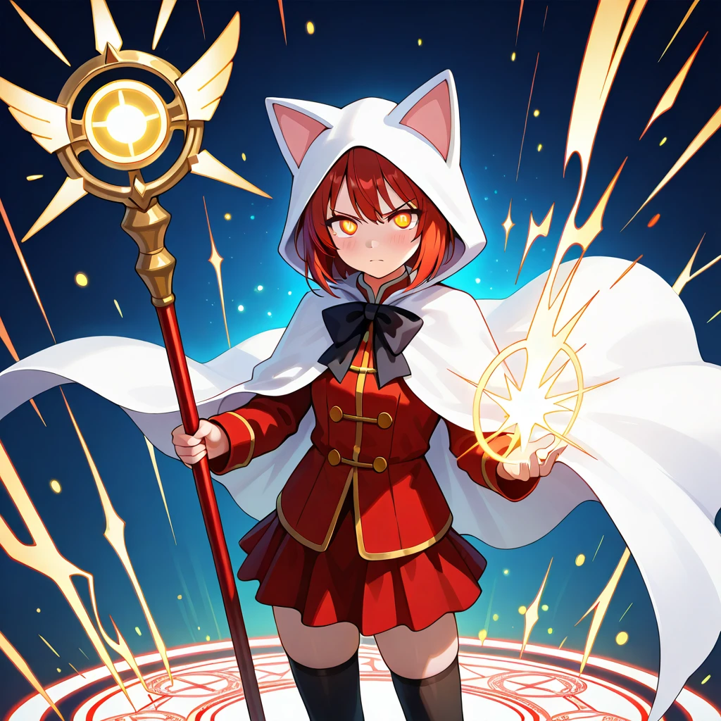 casting spell, staff raised, glowing white magic, holy light, magical circle, radiant energy, light burst, divine aura, sacred flare, light particles, purifying magic, intense brightness,
serious expression, eyes glowing, determined stance, wind-blown cape, dramatic lighting, backlighting, standing in light, , 1girl,<lora:Devout_V1Dim16alpha4_illustrious:0.8>,devout_cos,cat hood,animal hood,white_cape,chest bow,red jacket,red skirt, gold buttons,thighhighs, staff,holding staff,, masterpiece, best quality, amazing quality, newest,detailed face, beautiful eye