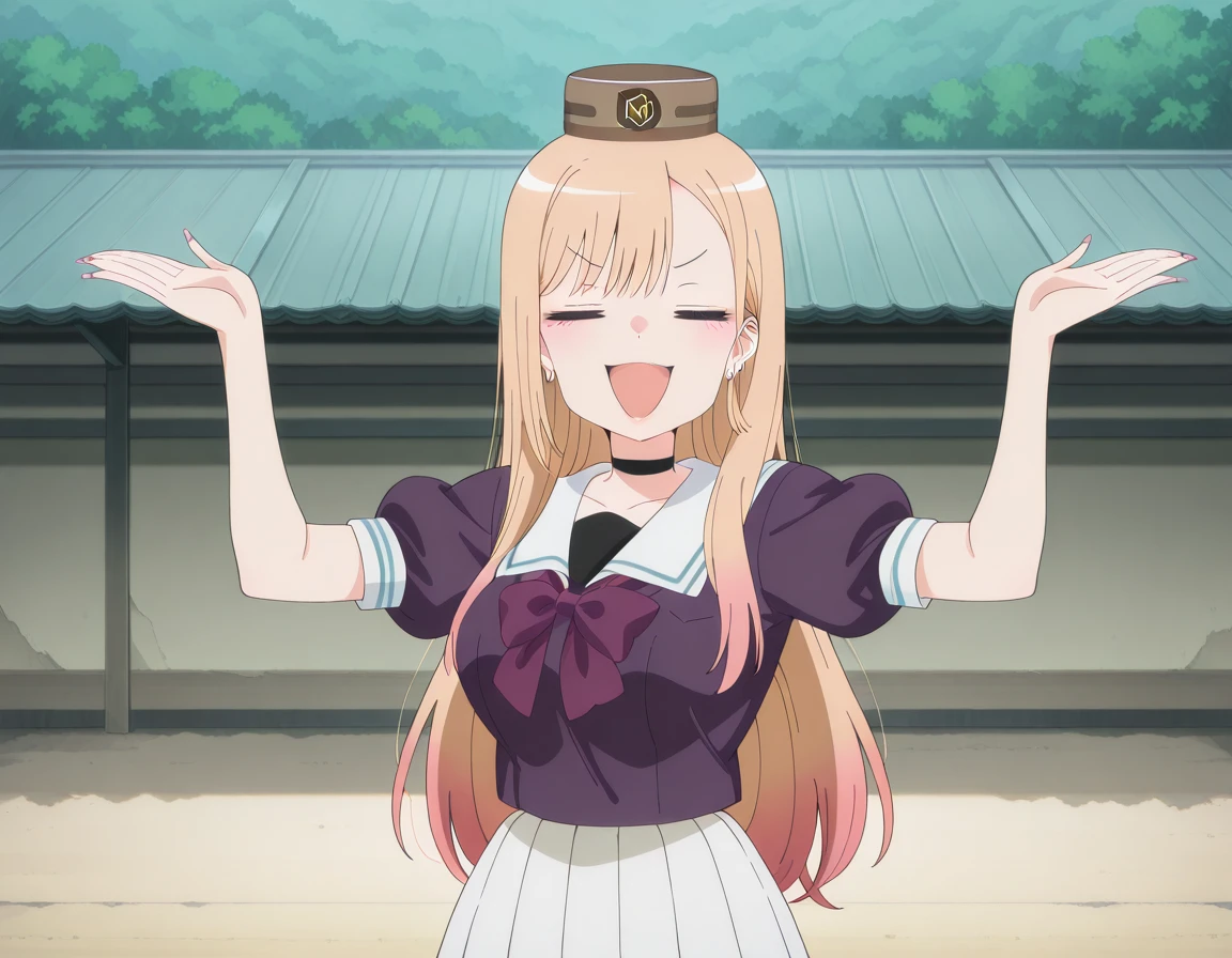 masterpiece, best quality, amazing quality,, <lora:marin-kitagawa-s2-alpha-illustriousxl-lora-nochekaiser:1>, marin kitagawa, long hair, blonde hair, multicolored hair, gradient hair, mature female, medium breasts, anime screencap, <lora:gold-ship-radar-alert-illustriousxl-lora-nochekaiser:1>, gold ship radar alert, = =, solo, smile, open mouth, smug, looking at viewer, straight-on, shirt, skirt, hat, bow, closed eyes, short sleeves, outdoors, pleated skirt, puffy sleeves, bowtie, sailor collar, puffy short sleeves, white skirt, parody, purple bow, purple shirt, brown headwear, sailor shirt, purple bowtie, pillbox hat, hands up, , , ,