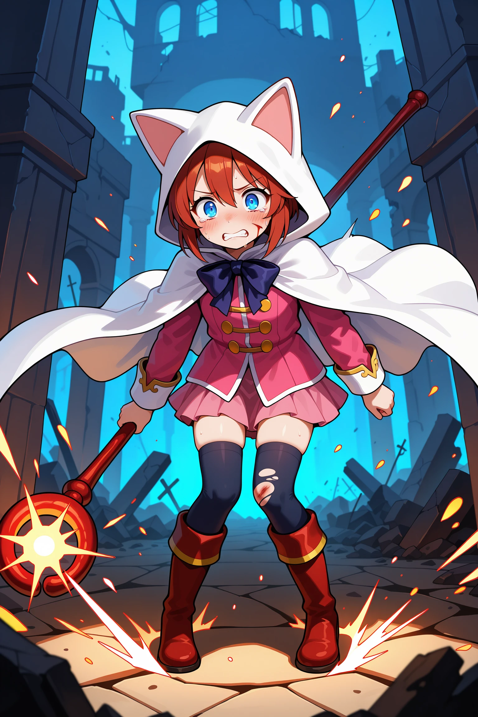 1girl,damaged background, broken ground, fading light, glowing embers, magic backlash, scorched floor, collapsed ruins, sparks flying,
wounded expression, blood on face, grim determination, shaking hands, holding staff tightly, torn cape, standing up from knees, tears and resolve, clenched teeth
,<lora:Devout_V1Dim16alpha4_illustrious:1>,devout_cos,cat hood,animal hood,white_cape,chest bow,pink jacket, pink skirt, gold buttons,thighhighs,,staff,holding staff,, masterpiece, best quality, amazing quality, newest,detailed face, beautiful eye