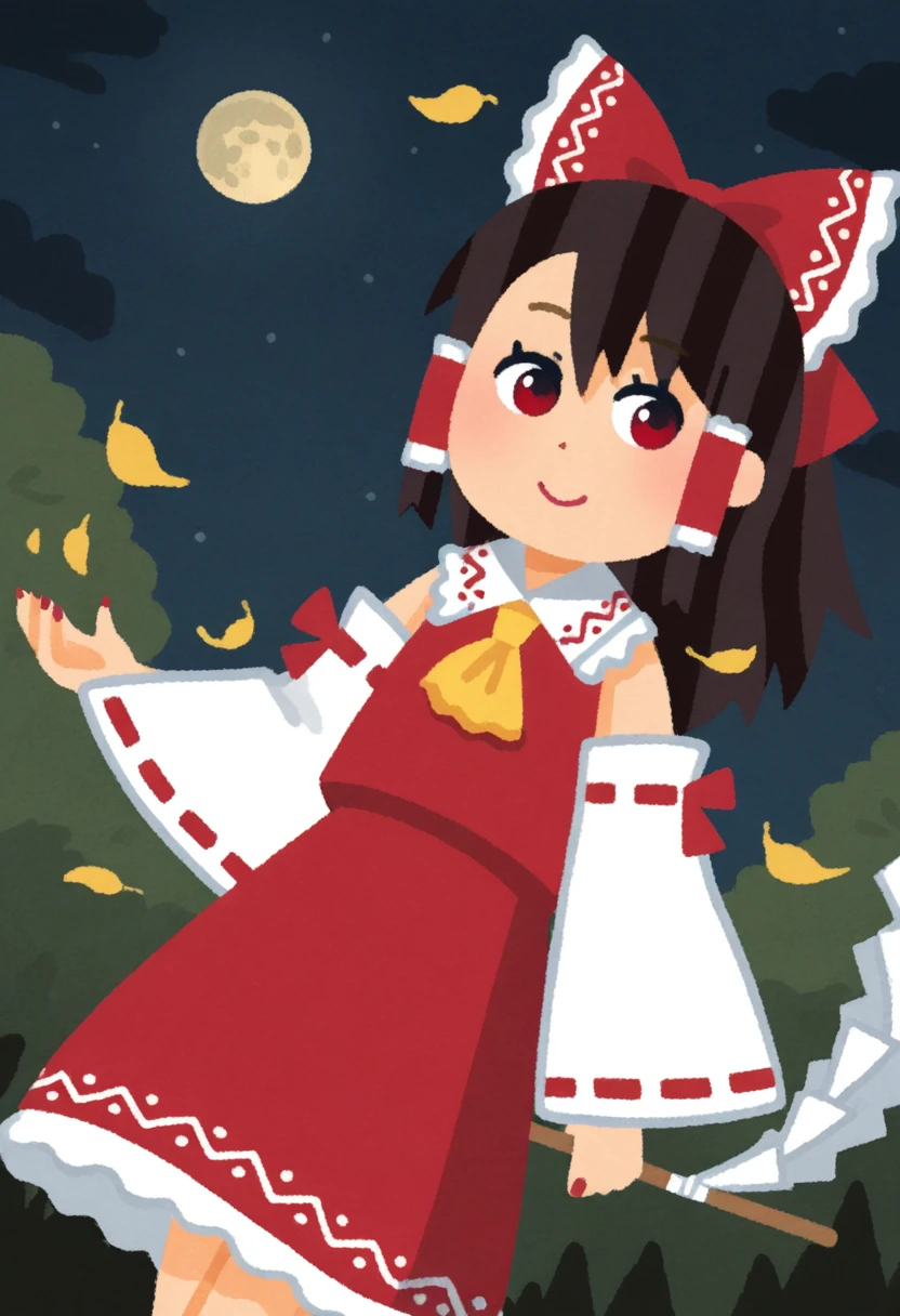 <lora:MCNsVirasutoya:1> MCNsV1r4sut0y4,1girl, hakurei reimu, solo, red eyes, detached sleeves, bow, black hair, red bow, hair bow, ascot, hair tubes, wide sleeves, gohei, skirt, red nails, long hair, yellow ascot, red skirt, smile, frills, hair between eyes, looking at viewer, closed mouth, sidelocks, ribbon trim, ribbon-trimmed sleeves, nail polish, shoulders, red shirt, long sleeves, frilled bow, white sleeves, vest, night, falling leaves, moon, outdoors, dutch angle, close-up,