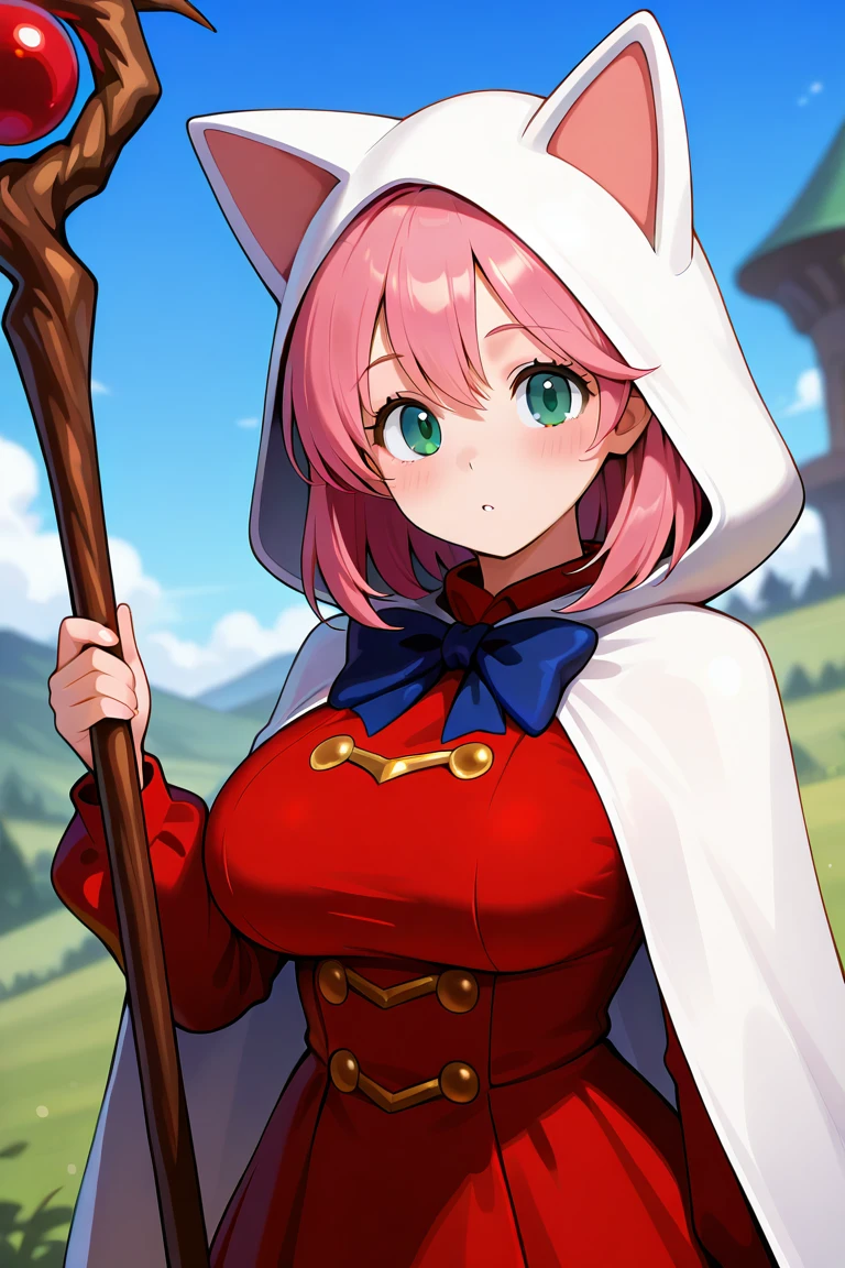 1girl,<lora:Devout_V1Dim16alpha4_illustrious:0.9>,devout_cos,cat hood,animal hood,white_cape,chest bow,red dress, gold buttons,staff,holding staff,<lora:fflenna-illu-nvwls-v1:1>,lennact, pink hair, green eyes, medium hair, ,, masterpiece, best quality, amazing quality, newest,detailed face, beautiful eye