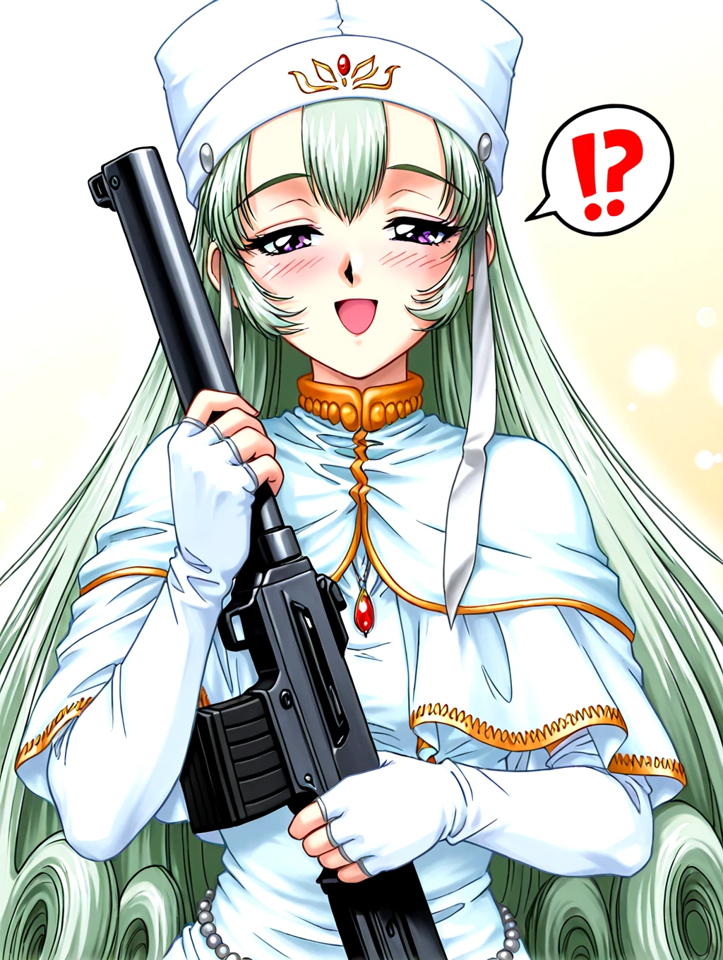 <lora:IL-D2SOPHIA:1>,d2sophia,1girl,solo,green hair,long hair,very long hair,white fingerless elbow gloves,iron flakes pendant on both sides of the hat,jewelry,dress,long sleeves,purple eyes,white dress,capelet,necklace,red gem,
open mouth,smile,blush,peaceful,half-closed eyes,
holding assault rifle,
1990s \(style\),portrait,spoken interrobang,
