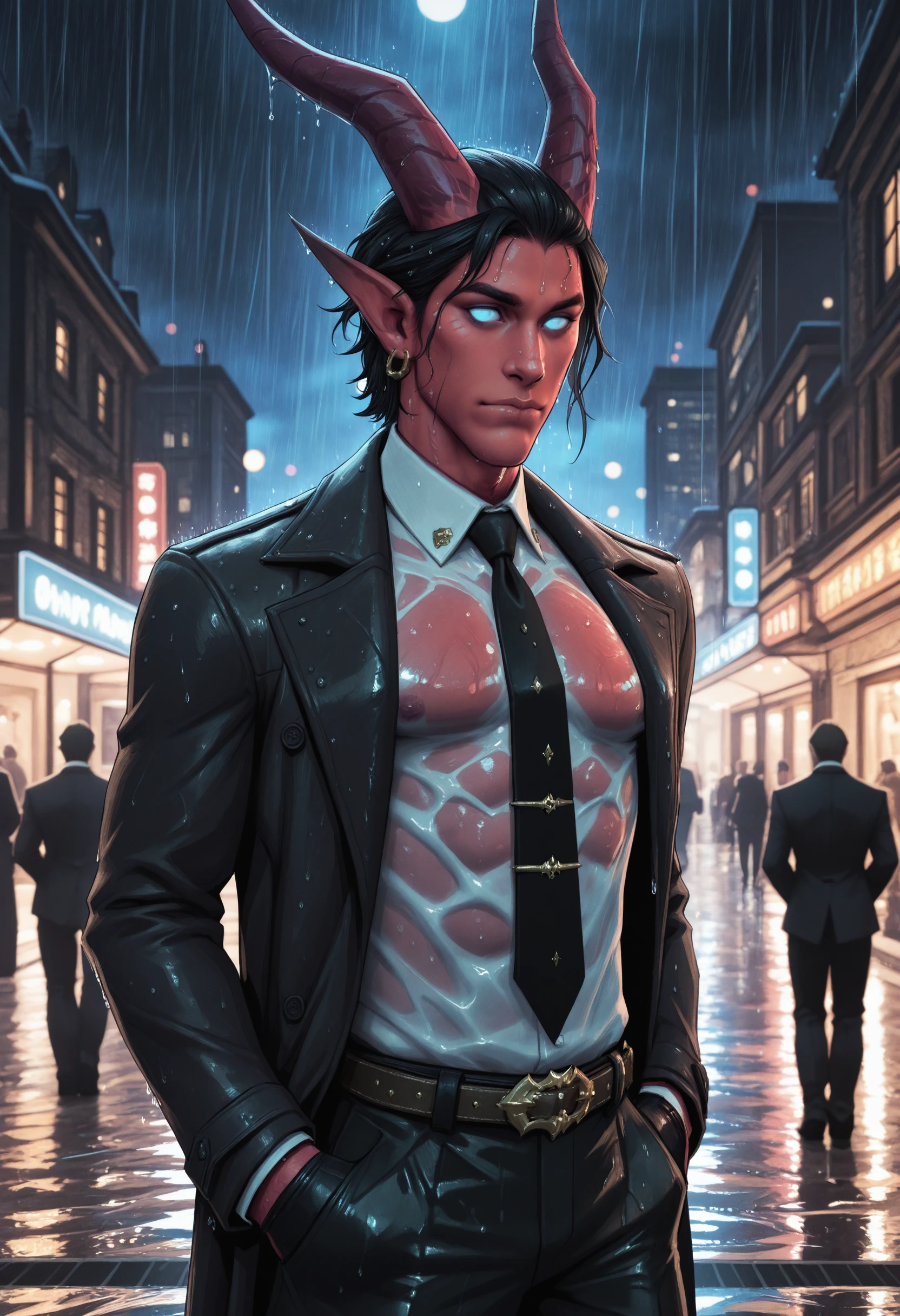 very awa, masterpiece, best quality, absurdres, newest, perfect quality, detailed background, intricate details
<lora:ILWoW1ncubu5:1>
WoW1ncubu5, 1boy, male focus, red skin, demon horns, demon boy, pointy ears, no pupils, black hair, short hair, blue eyes, wet clothes, black gloves, black necktie, wet shirt, trench coat, rain, belt, white shirt, jewelry, black pants, earrings, looking at viewer, pectorals, collared shirt, hands in pockets, formal, see-through, night, closed mouth, wet hair, open clothes, long sleeves, open coat, suit