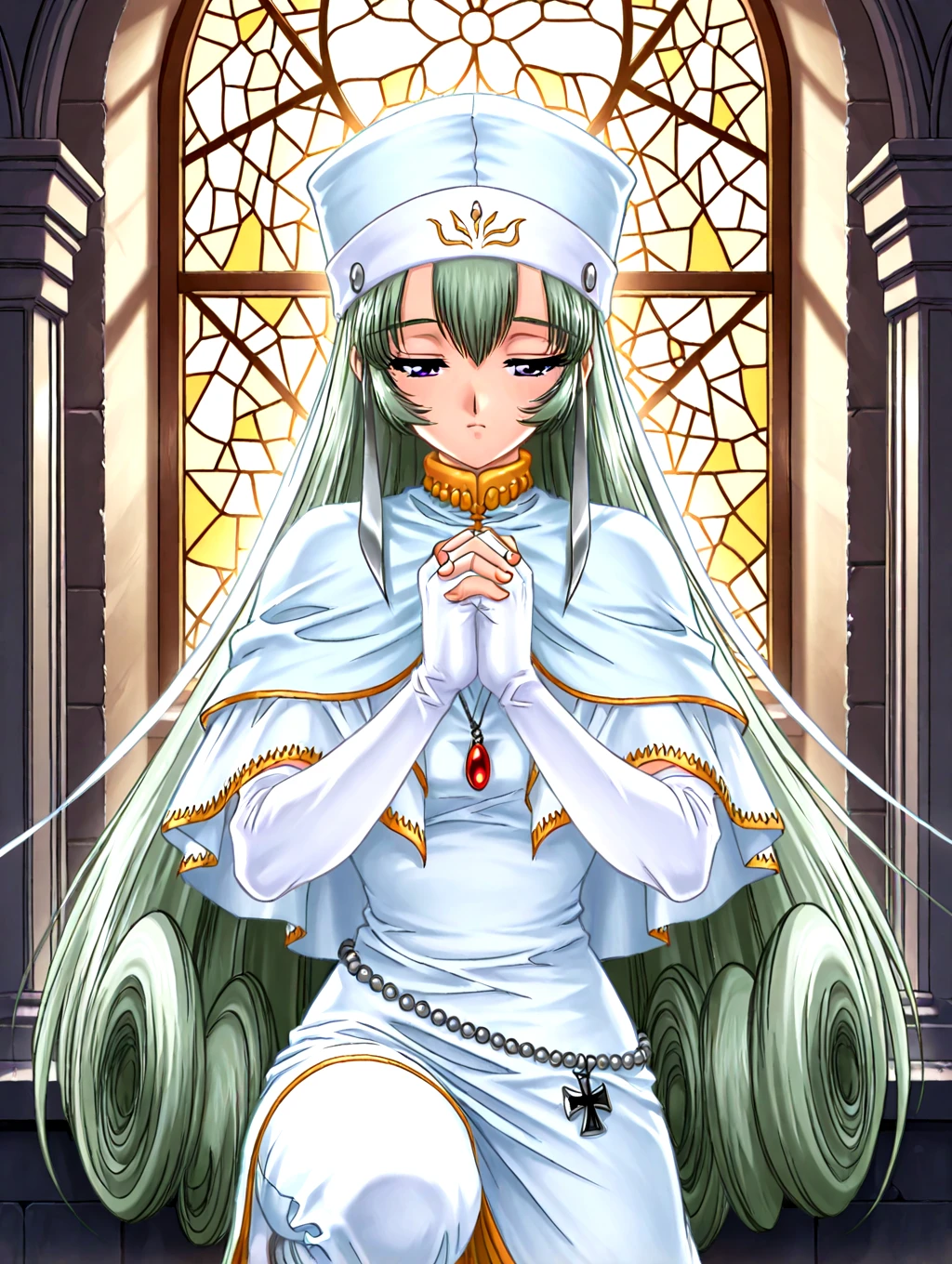 <lora:IL-D2SOPHIA:1>,d2sophia,1girl,solo,green hair,long hair,very long hair,white fingerless elbow gloves,iron flakes pendant on both sides of the hat,jewelry,dress,long sleeves,purple eyes,white dress,capelet,necklace,red gem,
praying,holy,cathedral,on one knee,stained glass,window light,twilight,charter shadow,face on window,holding iron cross,half-closed eyes,1990s \(style\),medium_shot,