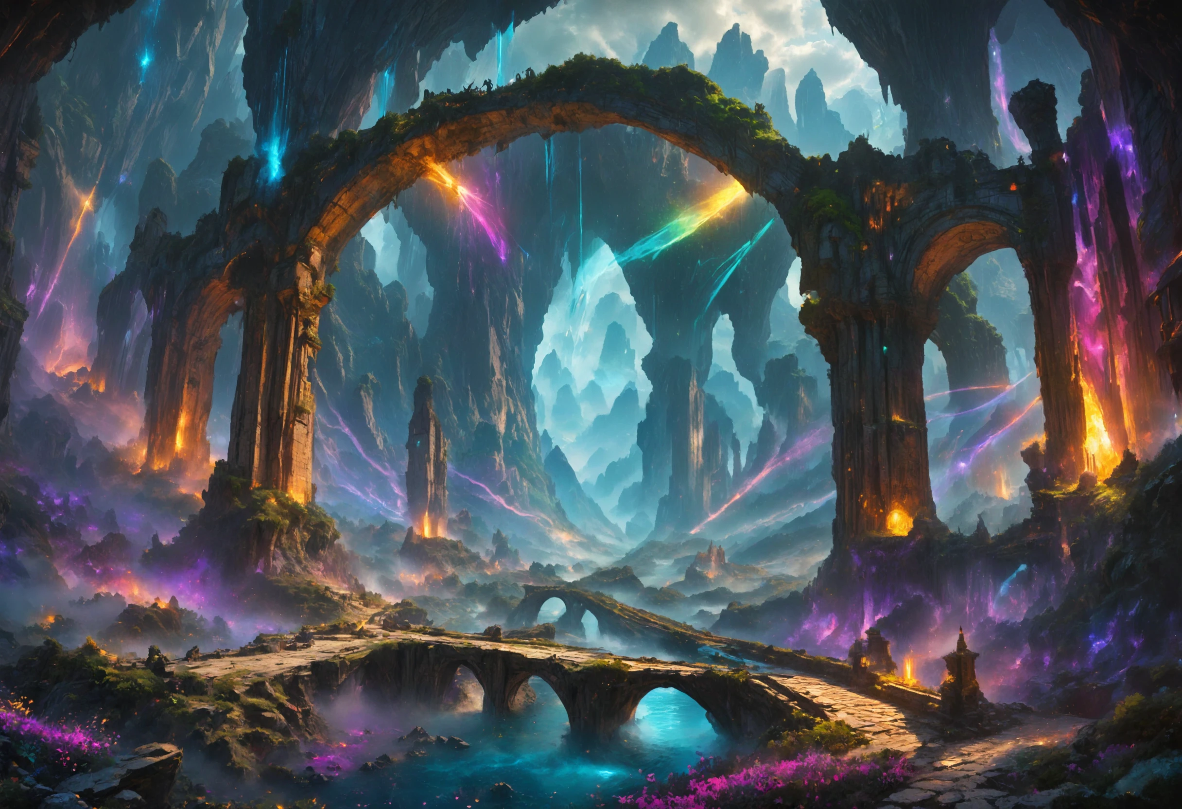 rating_safe, breathtaking detailed, masterpiece, absurdres, awe-inspiring, best quality, vibrant colors, ancient stone bridge stretching across a vast chasm surrounded by floating mountains, BREAK, the sky burns with golden clouds and violet streaks from twin setting suns, BREAK, a caravan of robed travelers with glowing staffs crosses the bridge, BREAK, below, a river of mist flows through the canyon, dotted with the silhouettes of flying creatures, BREAK, massive ruins rise from cliff edges, their spires covered in ivy and magical glyphs, BREAK, lanterns suspended by floating orbs light the path with warm flickering hues, BREAK, distant thunder echoes as a storm brews over a crystalline mountain peak, BREAK, the air is filled with drifting embers and wind-blown petals, BREAK, every stone etched with ancient runes, every tree bent with time and magic, BREAK, atmosphere is dramatic, ethereal, and awe-inspiring, BREAK, high detail, cinematic composition, epic fantasy worldbuilding<lora:sdxl_CrazyLandscapes.safetensors:1.0:1.0>