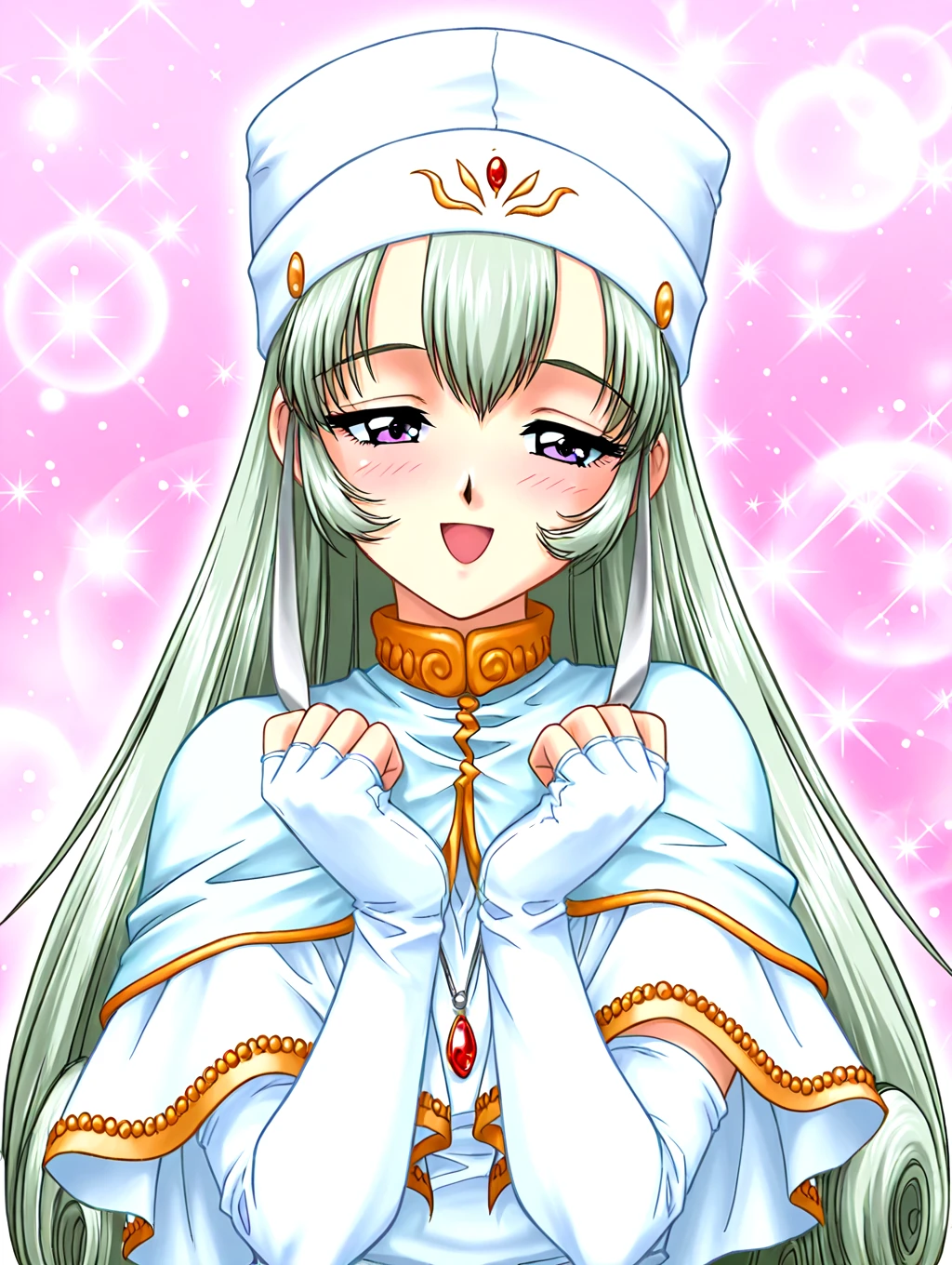 <lora:IL-D2SOPHIA:1>,d2sophia,1girl,solo,green hair,long hair,very long hair,white fingerless elbow gloves,iron flakes pendant on both sides of the hat,jewelry,dress,long sleeves,purple eyes,white dress,capelet,necklace,red gem,
open mouth,smile,blush,peaceful,half-closed eyes,
holy,
1990s \(style\),portrait,