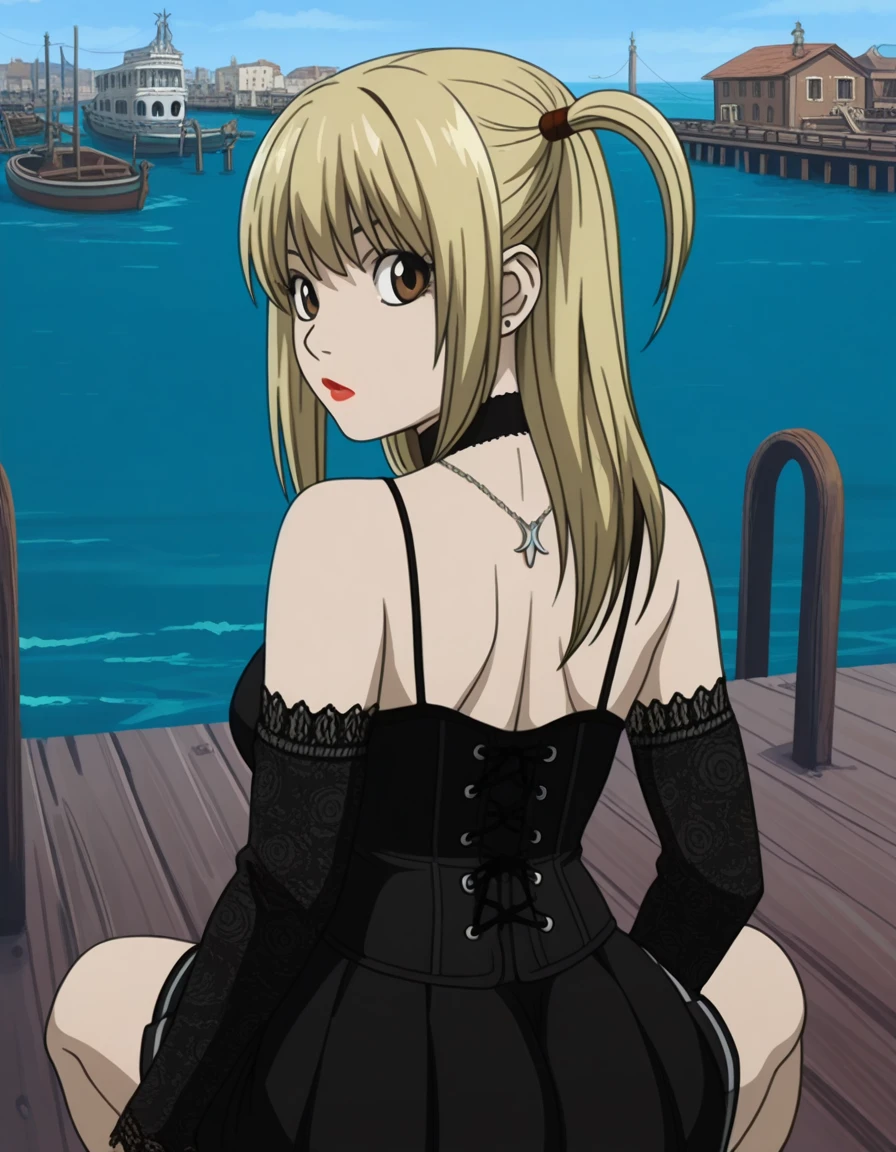 masterpiece, best quality, amazing quality,, <lora:misa-amane-anime-illustriousxl-lora-nochekaiser:1>, misa amane, long hair, blonde hair, brown eyes, two side up, mature female, medium breasts, anime screencap, skirt, dress, jewelry, detached sleeves, choker, necklace, black dress, cross, goth fashion, lace, lace-trimmed sleeves, spaghetti straps, corset, pleated skirt, black skirt, makeup, lipstick, <lora:broly-culo-illustriousxl-lora-nochekaiser:1>, broly culo, broly culo (meme), squatting, ass, from behind, looking at viewer, looking back, back,, harbor, boats, water, dock, trade, cowboy shot, solo, looking at viewer,