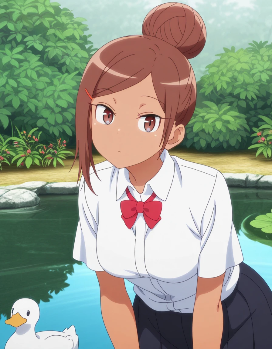 masterpiece, best quality, amazing quality,, <lora:ayaka-uehara-s1-illustriousxl-lora-nochekaiser:1>, ayaka uehara, brown hair, hair ornament, brown eyes, hairclip, dark skin, hair bun, dark-skinned female, single hair bun, mature female, , anime screencap, skirt, shirt, bow, white shirt, short sleeves, collared shirt, bowtie, red bow, red bowtie,, leaning forward,, pond, still_water, plants, ducks, peaceful, cowboy shot, solo, looking at viewer,