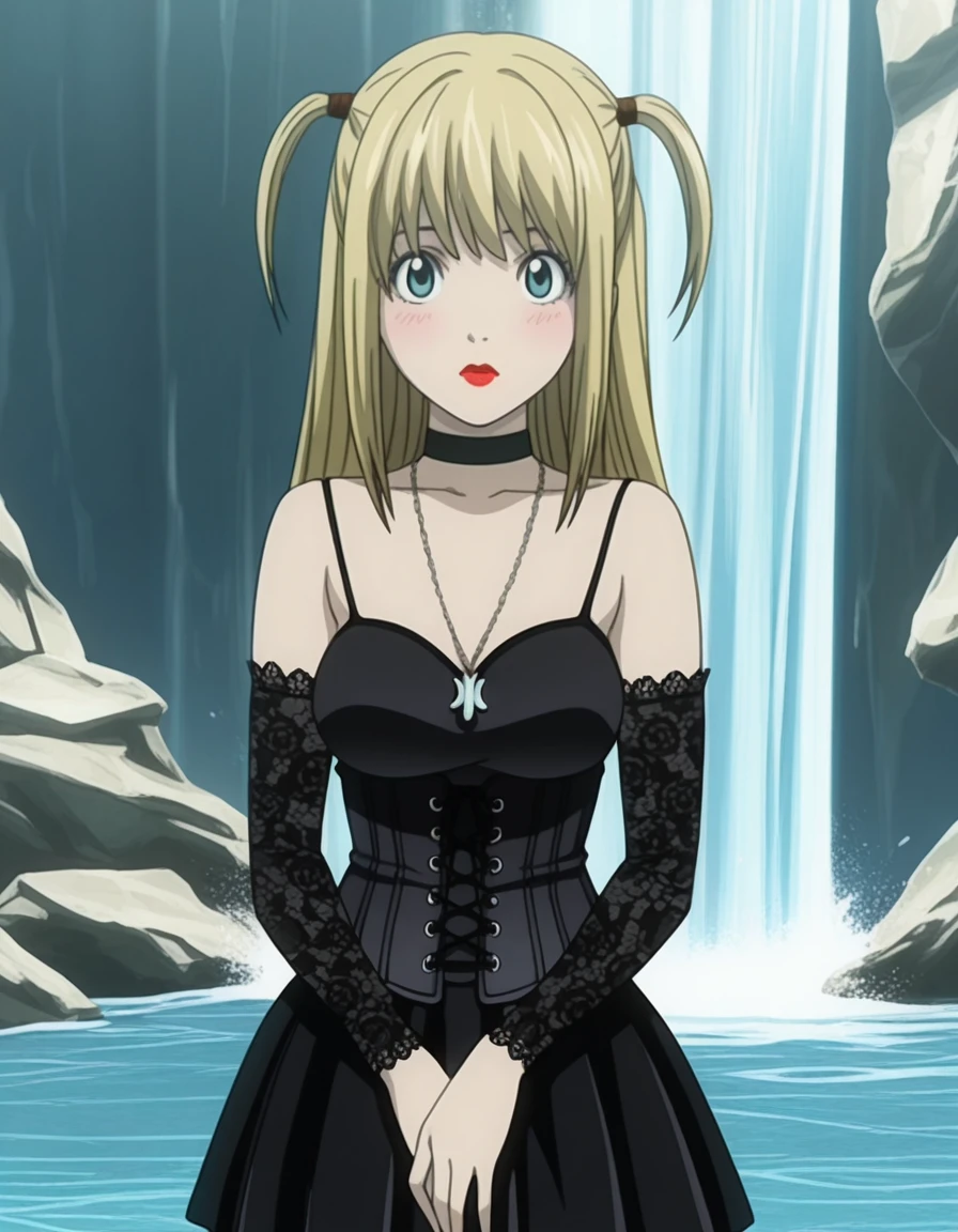masterpiece, best quality, amazing quality,, <lora:misa-amane-anime-illustriousxl-lora-nochekaiser:1>, misa amane, long hair, blonde hair, blue eyes, two side up, mature female, medium breasts, anime screencap, skirt, dress, jewelry, detached sleeves, choker, necklace, black dress, cross, goth fashion, lace, lace-trimmed sleeves, spaghetti straps, corset, pleated skirt, black skirt, makeup, lipstick, hands on stomach, blush,, waterfall, water, rocks, plunge, spray, cowboy shot, solo, looking at viewer,