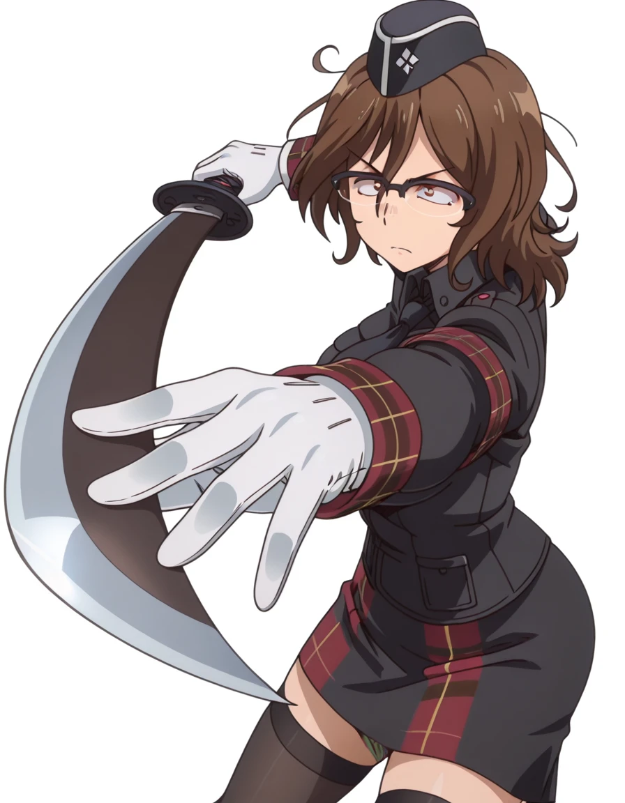 masterpiece, best quality, amazing quality,, <lora:owari-hajime-s2-illustriousxl-lora-nochekaiser:1>, owari hajime, brown hair, brown eyes, glasses, over-rim eyewear, mature female, breasts, anime screencap, <lora:healer-u-armor-illustriousxl-lora-nochekaiser:1>, healer u armor, garrison cap, gloves, hat, healer u (armor), military, military uniform, necktie, nurse, skirt, thighhighs, white gloves, zettai ryouiki, plaid,, <lora:gatotsu-stance-illustriousxl-lora-nochekaiser:1>, gatotsu stance, weapon, sword, katana, holding weapon, holding, holding sword, foreshortening,, ,