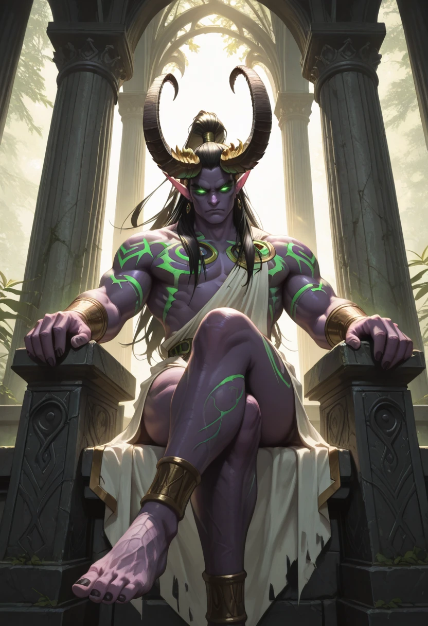 very awa, masterpiece, best quality, absurdres, newest, perfect quality, detailed background, intricate details
<lora:ILWoWIll1dan:1>
WoWIll1dan, 1boy, male focus, pointy ears, glowing eyes, green eyes, black hair, long hair, ponytail, half up, demon horns, demon boy, colored skin, no pupils, laurel crown, crossed legs, jewelry, greek clothes, sitting, earrings, barefoot, thighs, looking at viewer, pillar, bare shoulders, backlighting