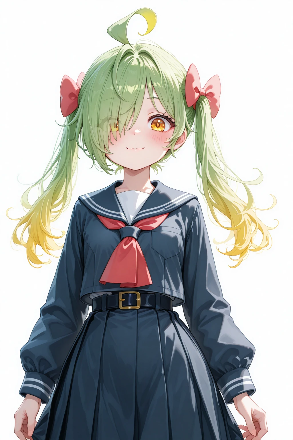 masterpiece, best quality, amazing quality, 1girl, solo, makeup, general, cowboy shot, looking at viewer, blush, dramatic angle, smile, <lora:Yokato_Fu:1>, Yokato_Fu, long hair, green hair, multicolored hair, blonde hair, ahoge, yellow eyes, twintails, hair over one eye, japanese school girl, sailor uniform, navy blue sailor uniform, red ribbon tie, long sleeves, knee-length skirt, cotton fabric, no stretch, sailor collar, solid color, natural waistline, classic style, <lora:wai-A3-V140:1>, <lora:illustrious_noobai_epsilon_pred_1_masterpieces_v1:1>